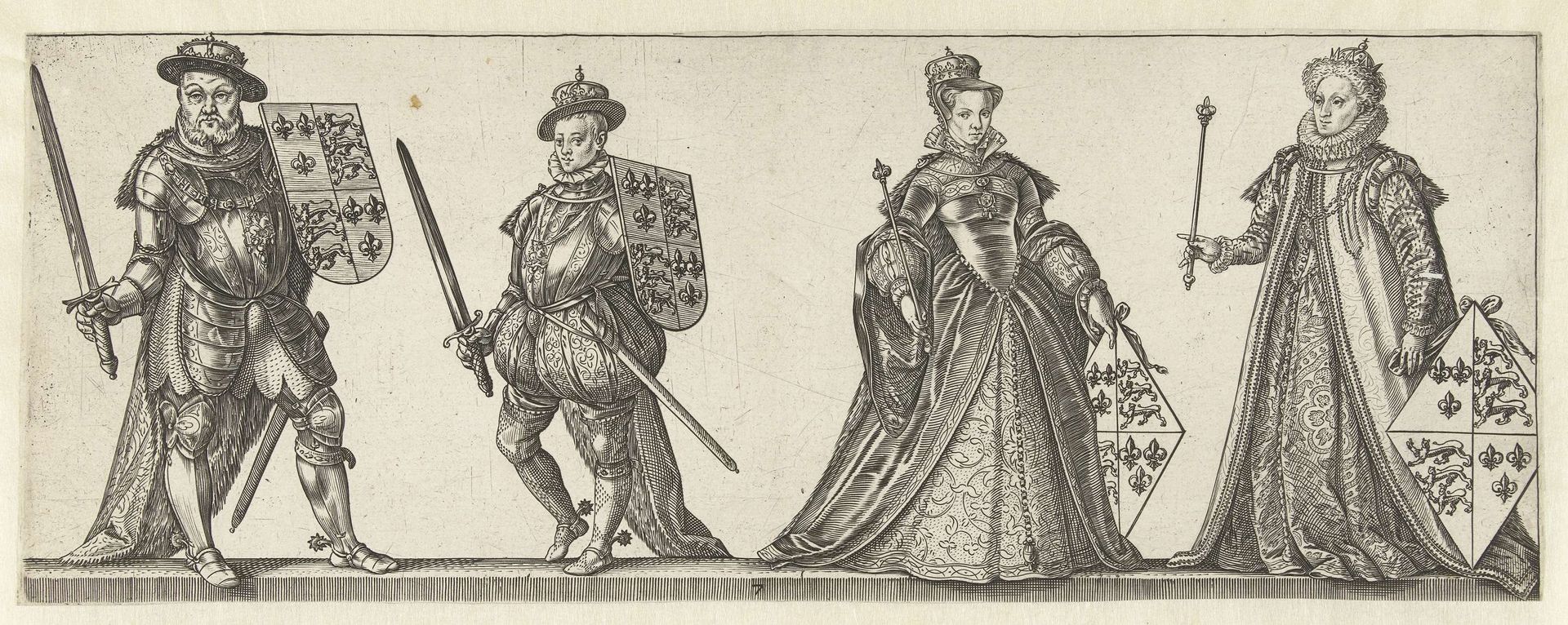 Koningen Hendrik VIII en Edward VI, koninginnen Mary en Elizabeth by Hendrick Goltzius