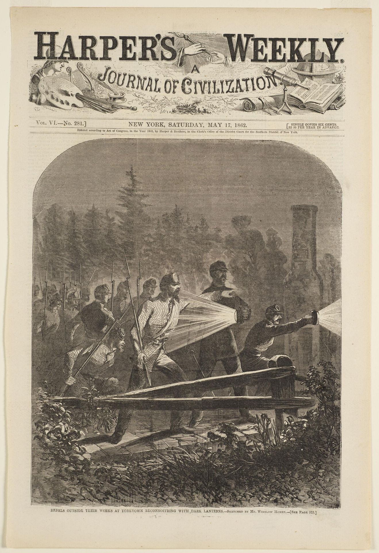 Rebels Outside Their Works at Yorktown Reconnoitring with Dark Lanterns - Sketched by Mr. Winslow Homer by Anonymous