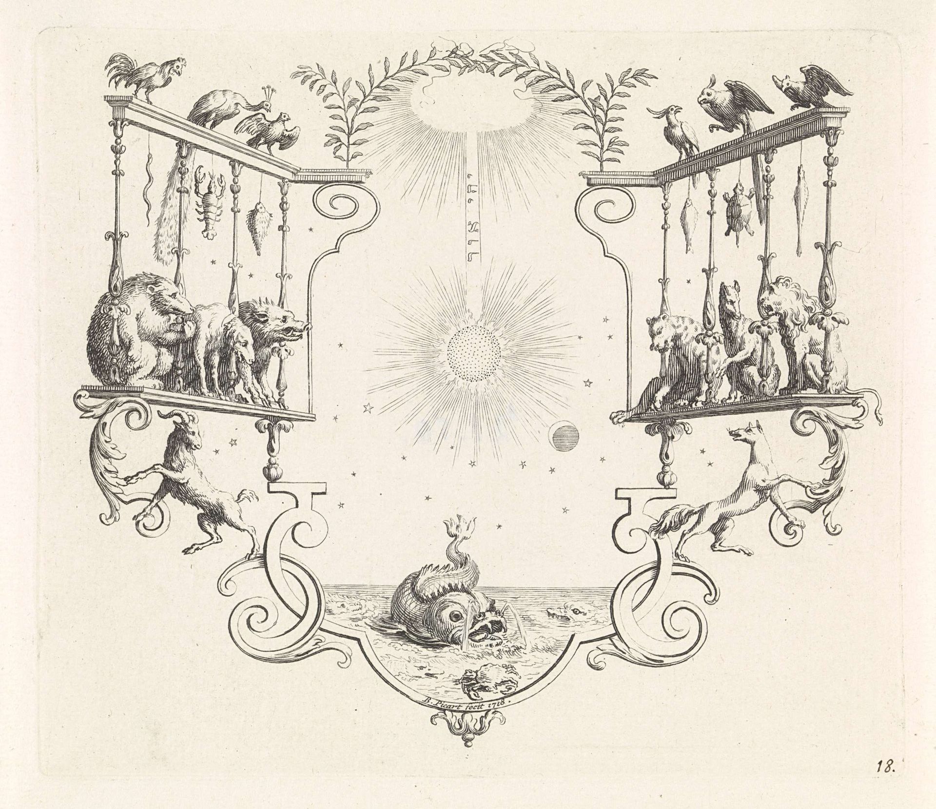 Tetragram en zon en maan in ornamentele omlijsting by Bernard Picart