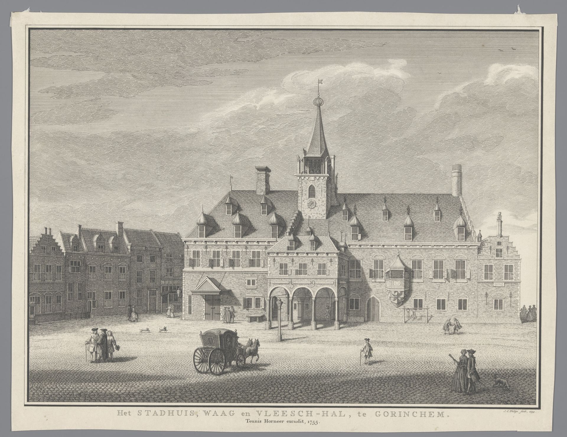 Gezicht op het stadhuis, de waag en de vleeshal te Gorinchem by Jan Caspar Philips