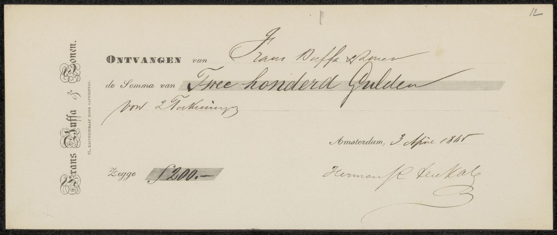 Kwitantie voor Herman Frederik Carel ten Kate by Frans Buffa en Zonen