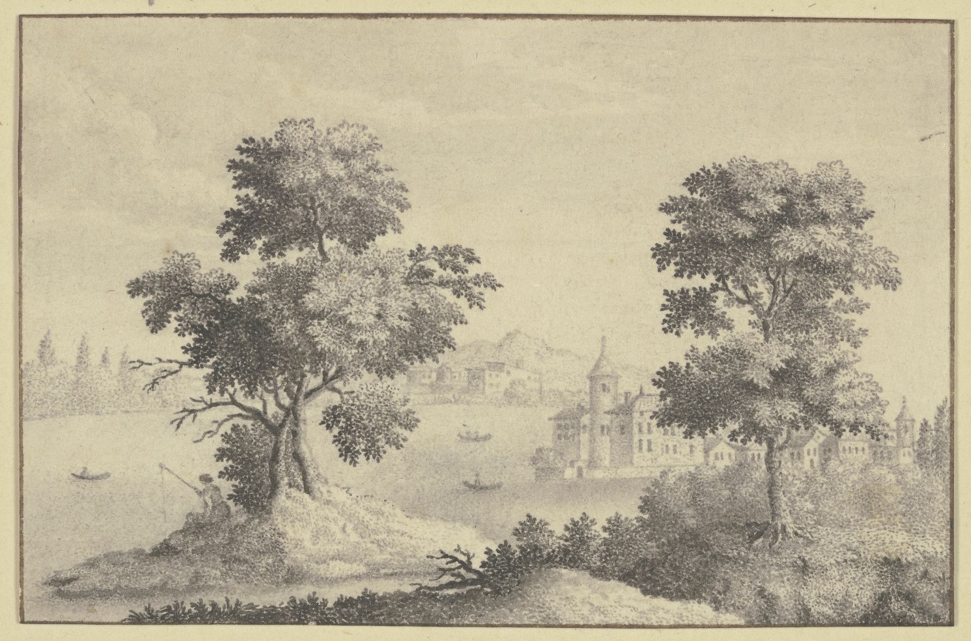 Zwei hohe Bäume mit Durchblick auf ein Wasserschloß und ferne Berge by Johann Rudolf Studer