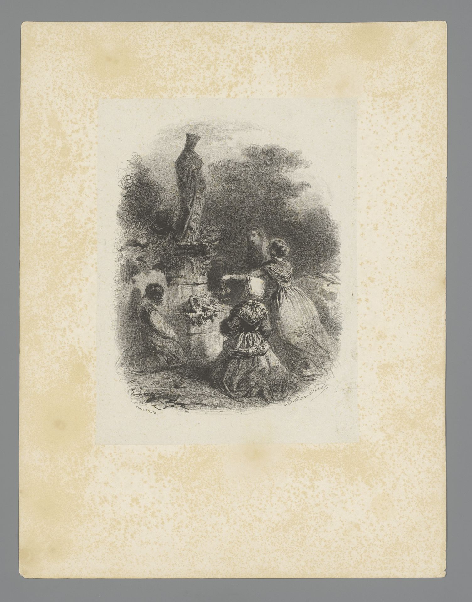 Vrouwen knielen voor een heiligenbeeld by Adolphe Mouilleron