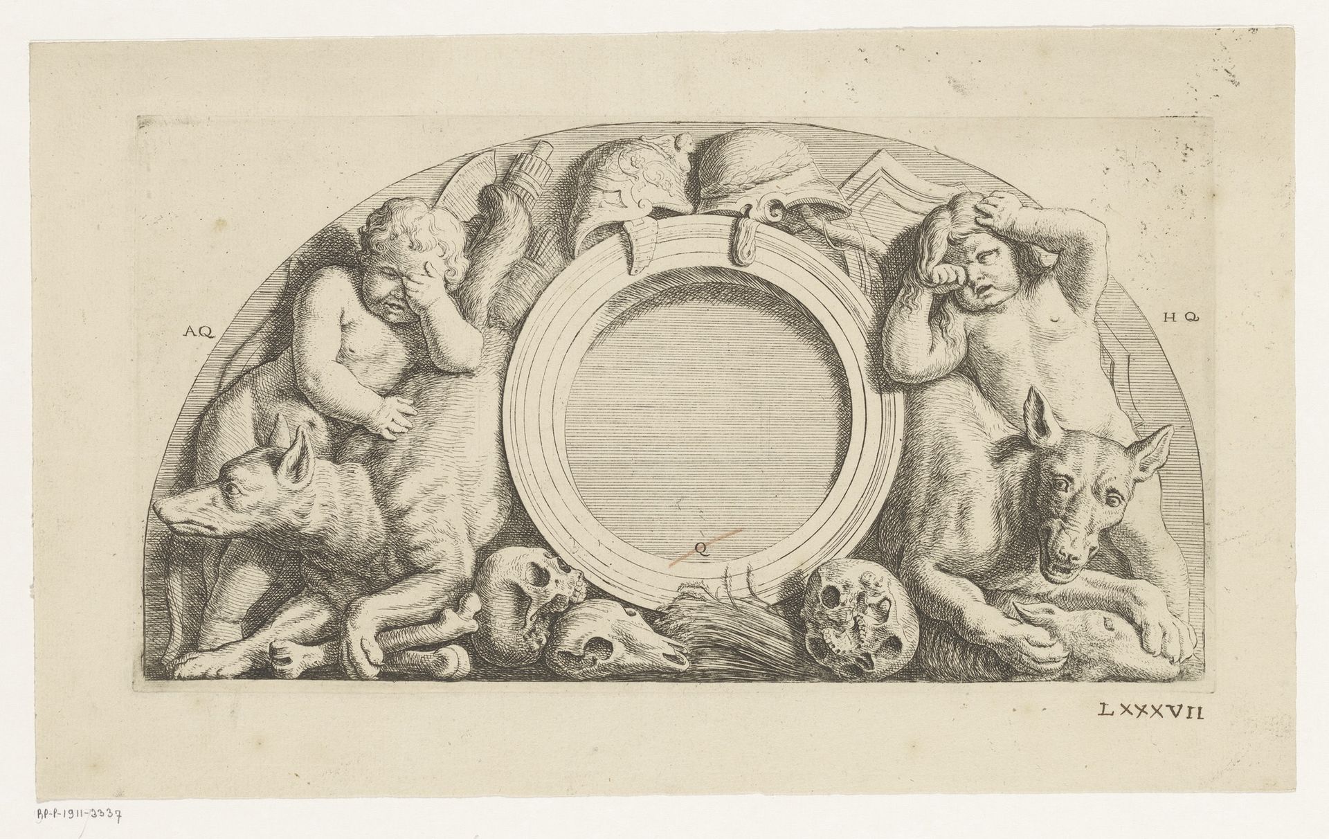 Lunette met putti, wolven en wapenuitrusting in de westelijke galerij van het Stadhuis op de Dam by Hubert Quellinus