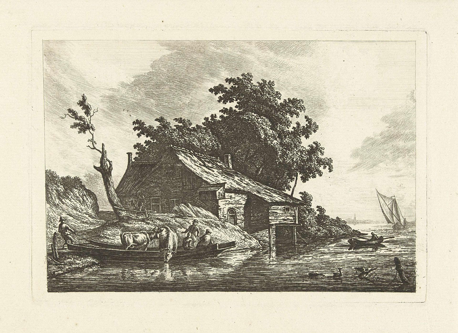 Rivierlandschap met pont bij oever by Johannes van Cuylenburgh