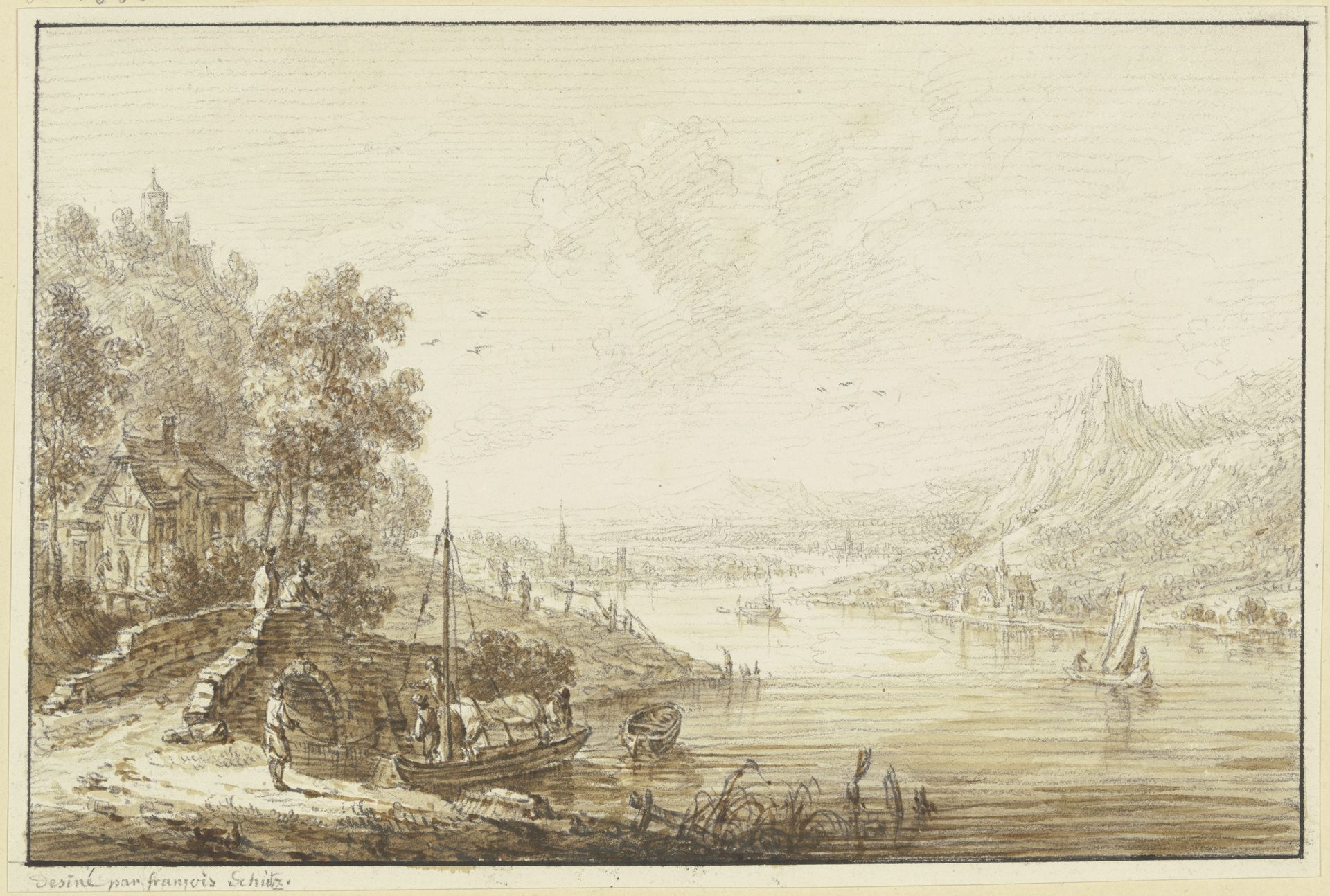 Flusslandschaft, rechts ansteigendes Gebirge, links ein Haus mit einer Brücke, bei der ein Boot landet by Franz Schütz