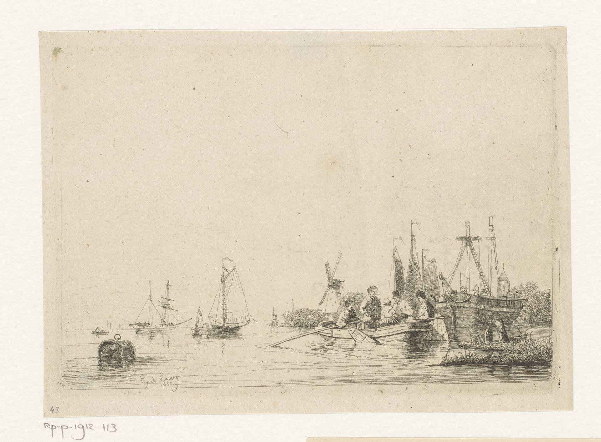 Riviergezicht met drijvende ton, een roeiboot en zeilboten by Egidius Linnig