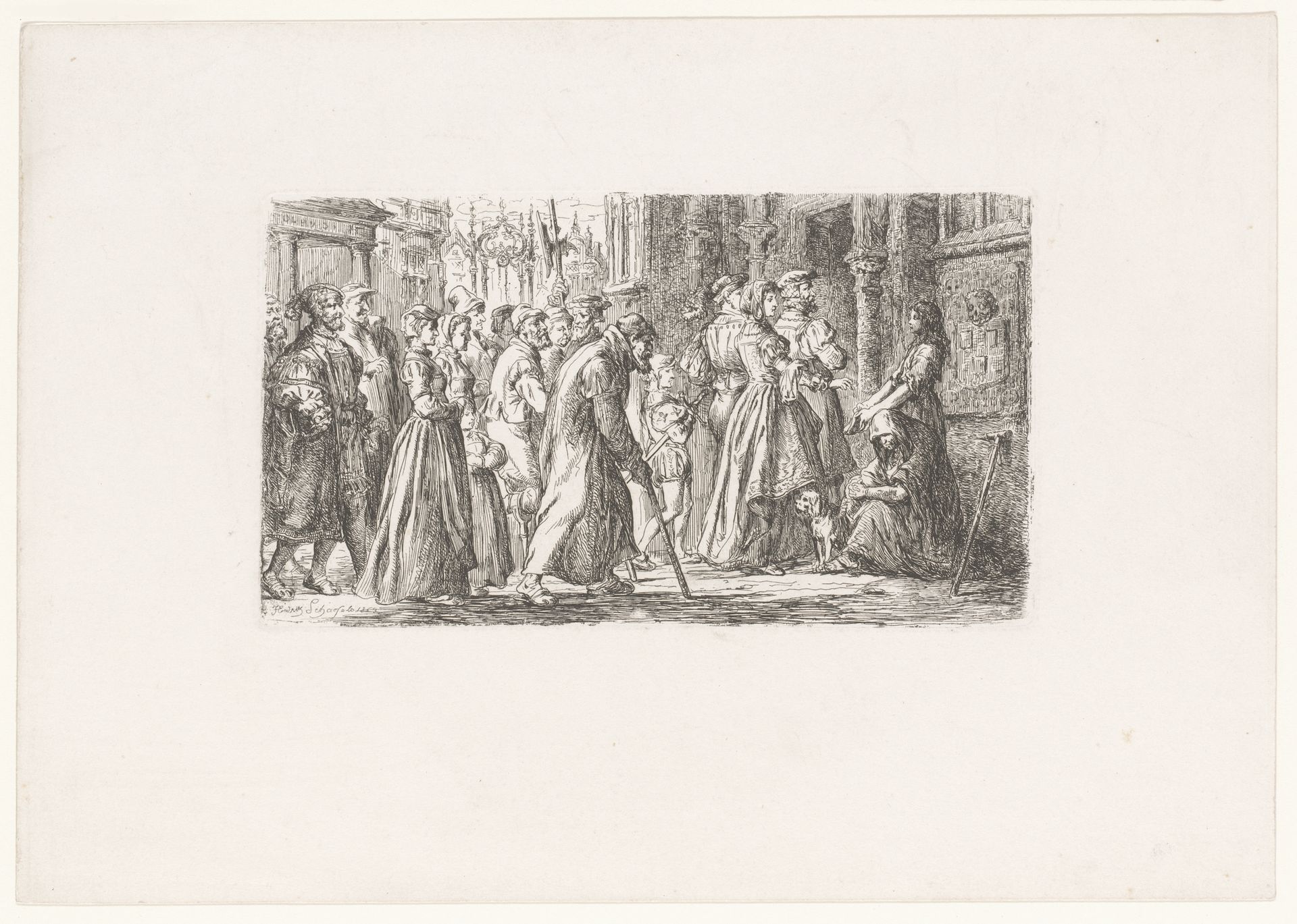 Groep figuren geeft geld aan bedelaars bij het binnengaan van de kathedraal te Antwerpen by Henri François Schaefels