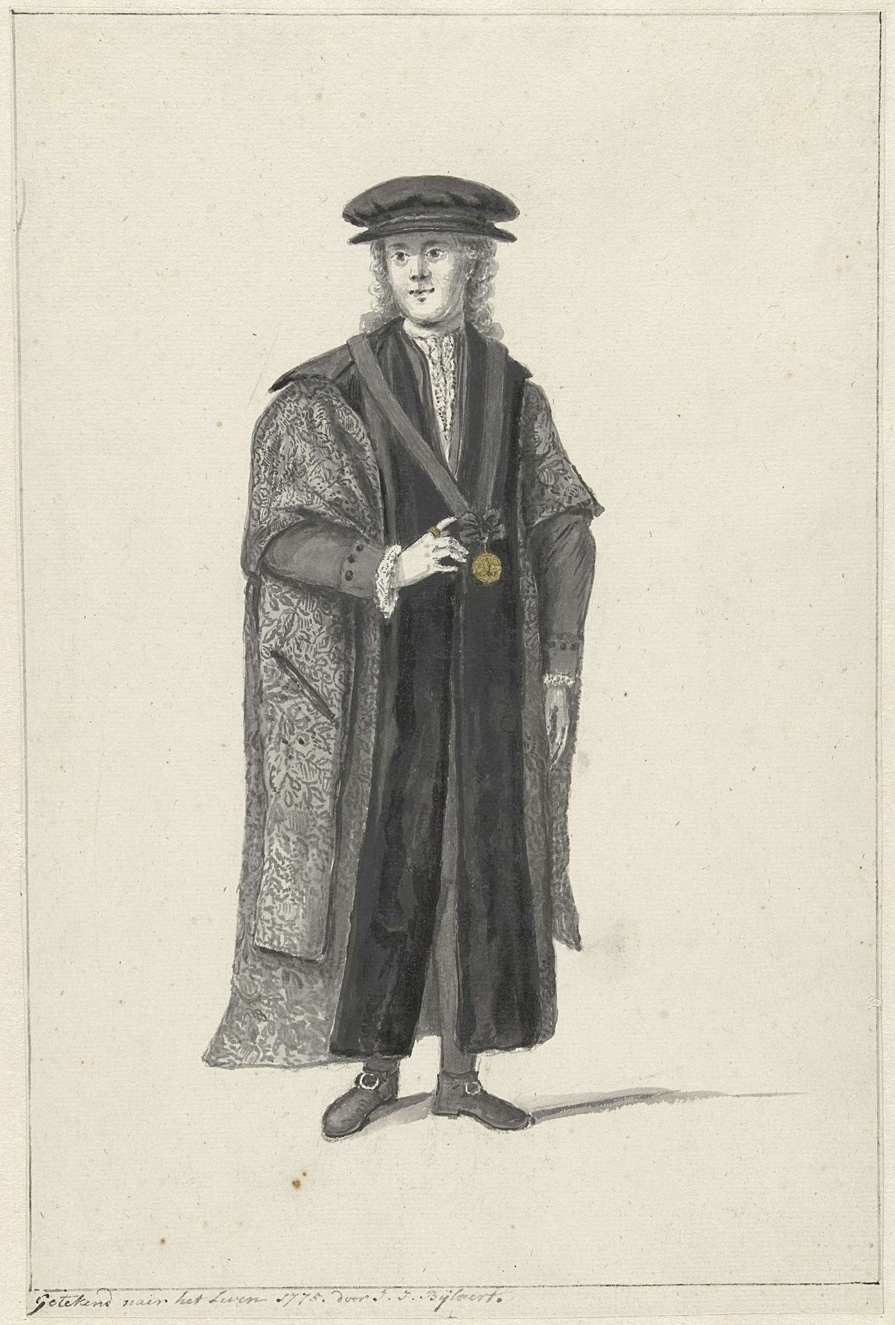 Leidse jonge doctor met zwarte toga en erepenning by Joannis Jacobus Bijlaert