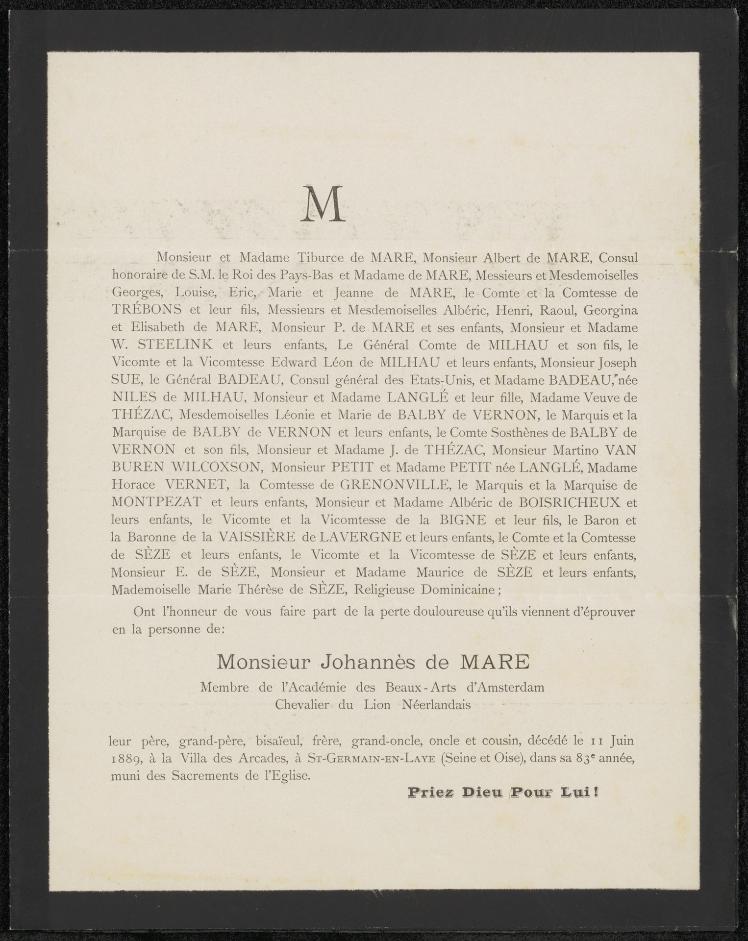 Overlijdensbericht betreffende Johannes de Mare by Anonymous