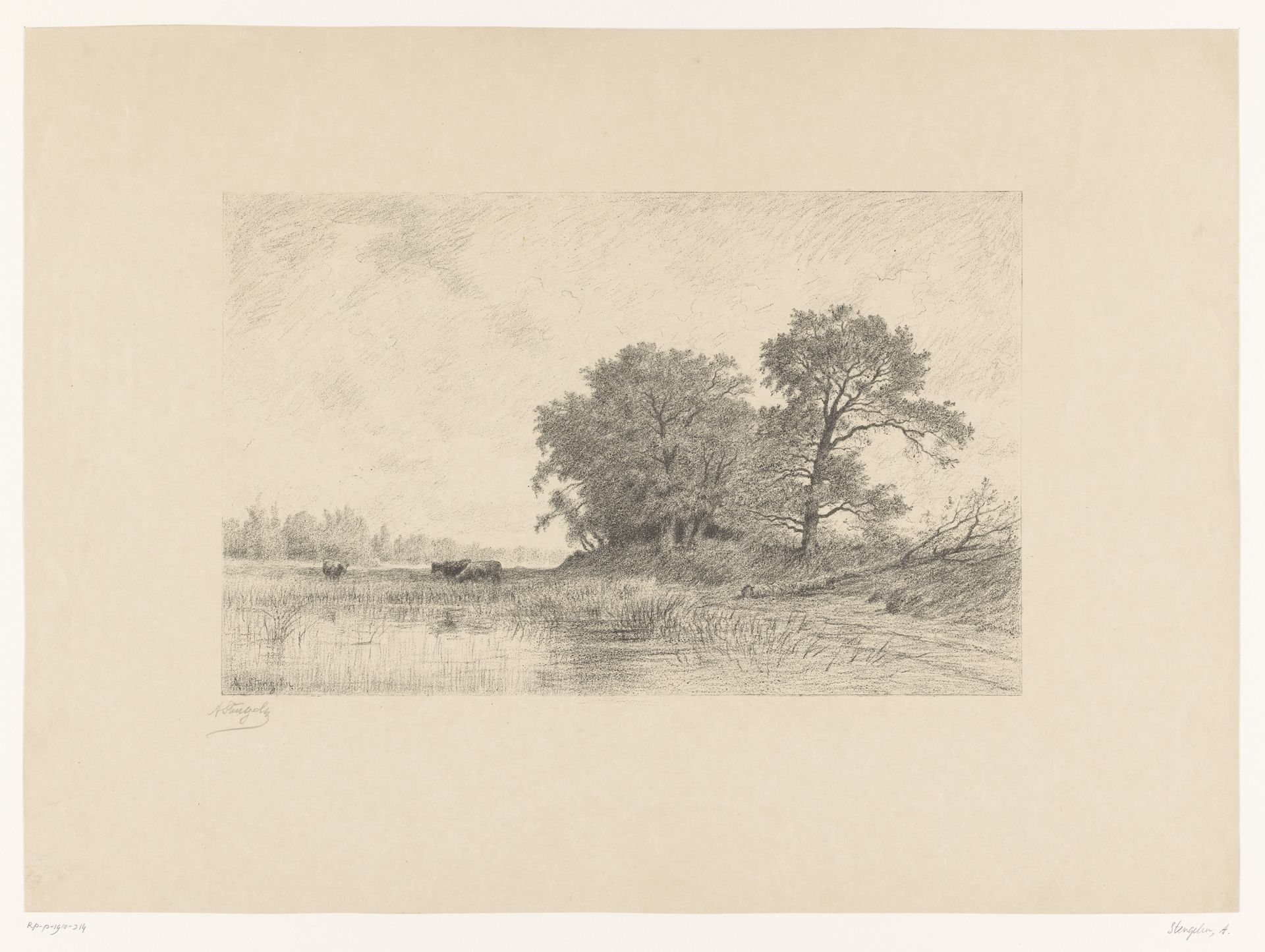 Drie koeien bij een plas met een gekapte boom ernaast by Alphonse Stengelin