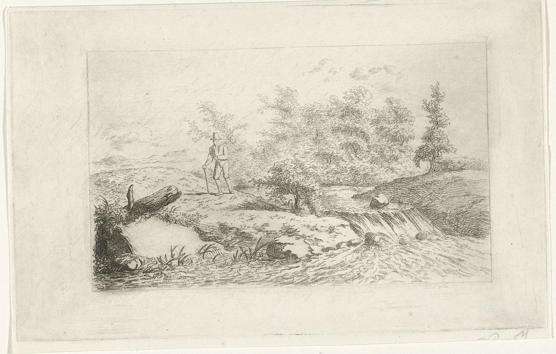 Man bij een waterval by Reinierus Albertus Ludovicus baron van Isendoorn à Blois