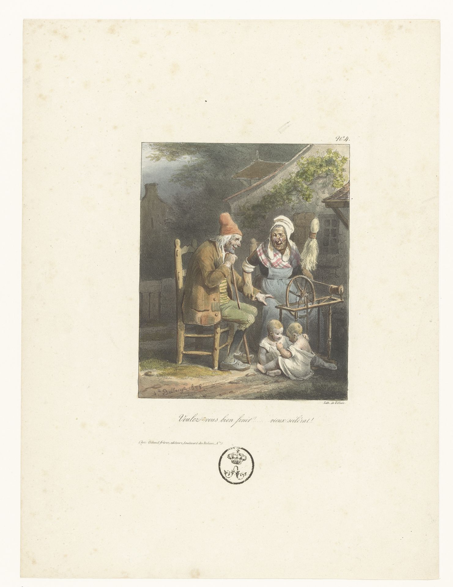 Oude man is handtastelijk bij een oude vrouw by Hippolyte Bellangé