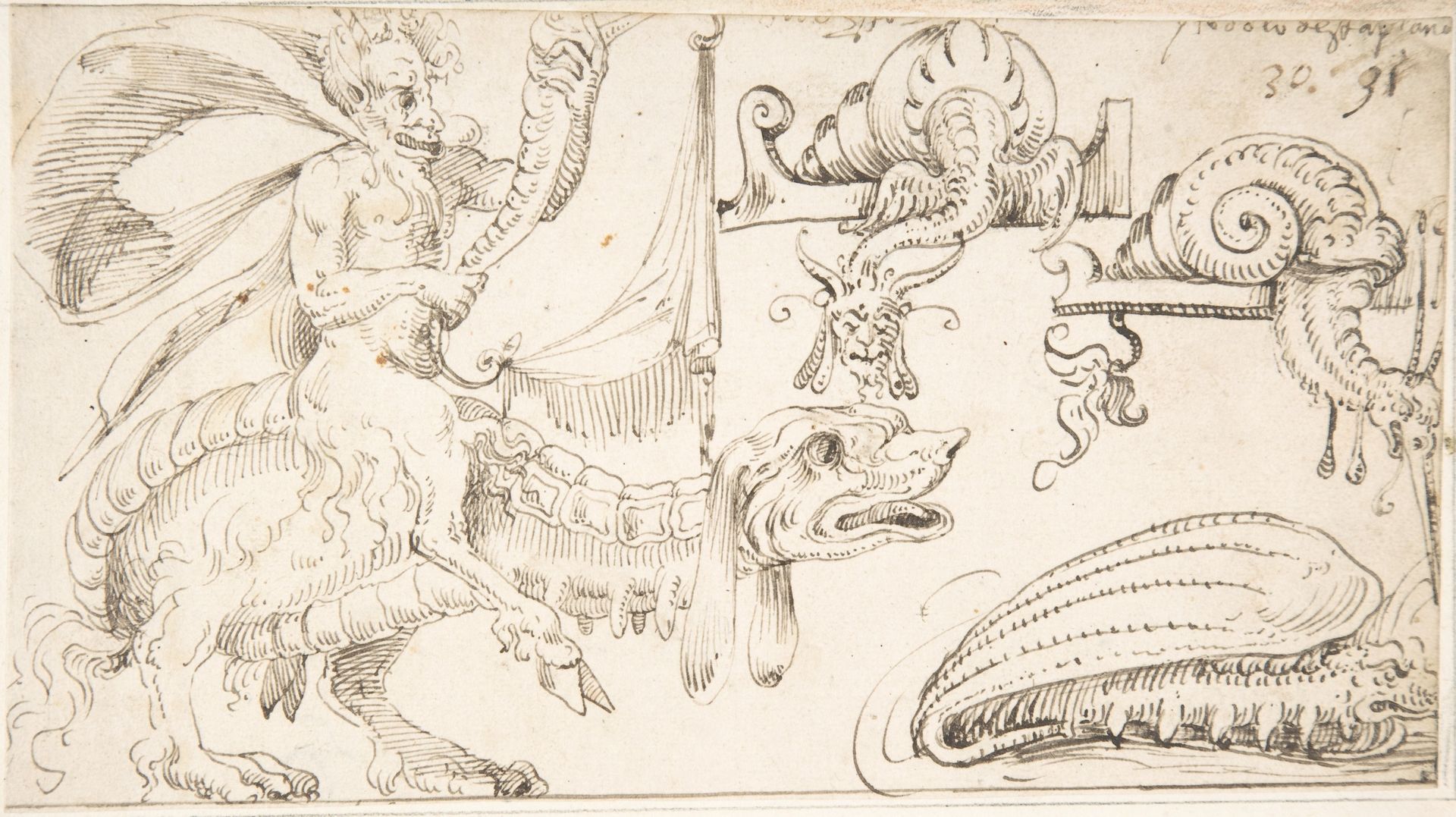Satyr riding a fantastical creature, snail-like creatures by Andrés de Melgar