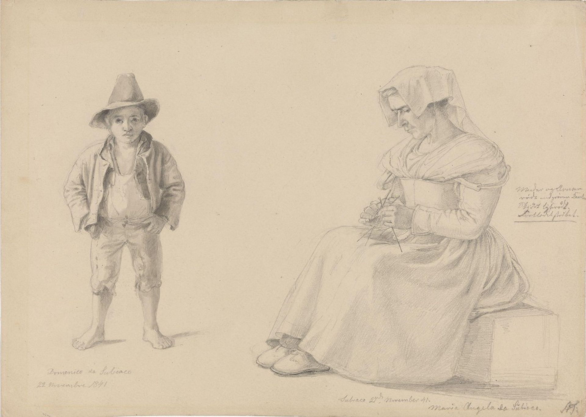 Barbent gutt og strikkende kvinne, Subiaco by Adolph Tidemand