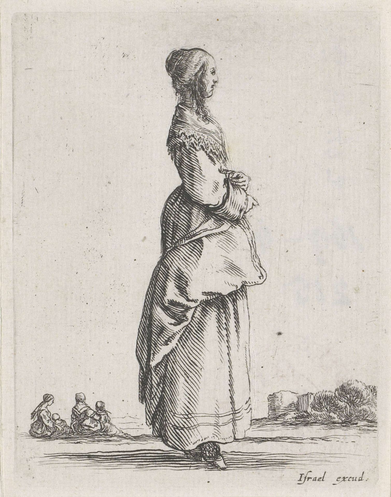 Staande jonge vrouw in profiel naar rechts by Stefano della Bella
