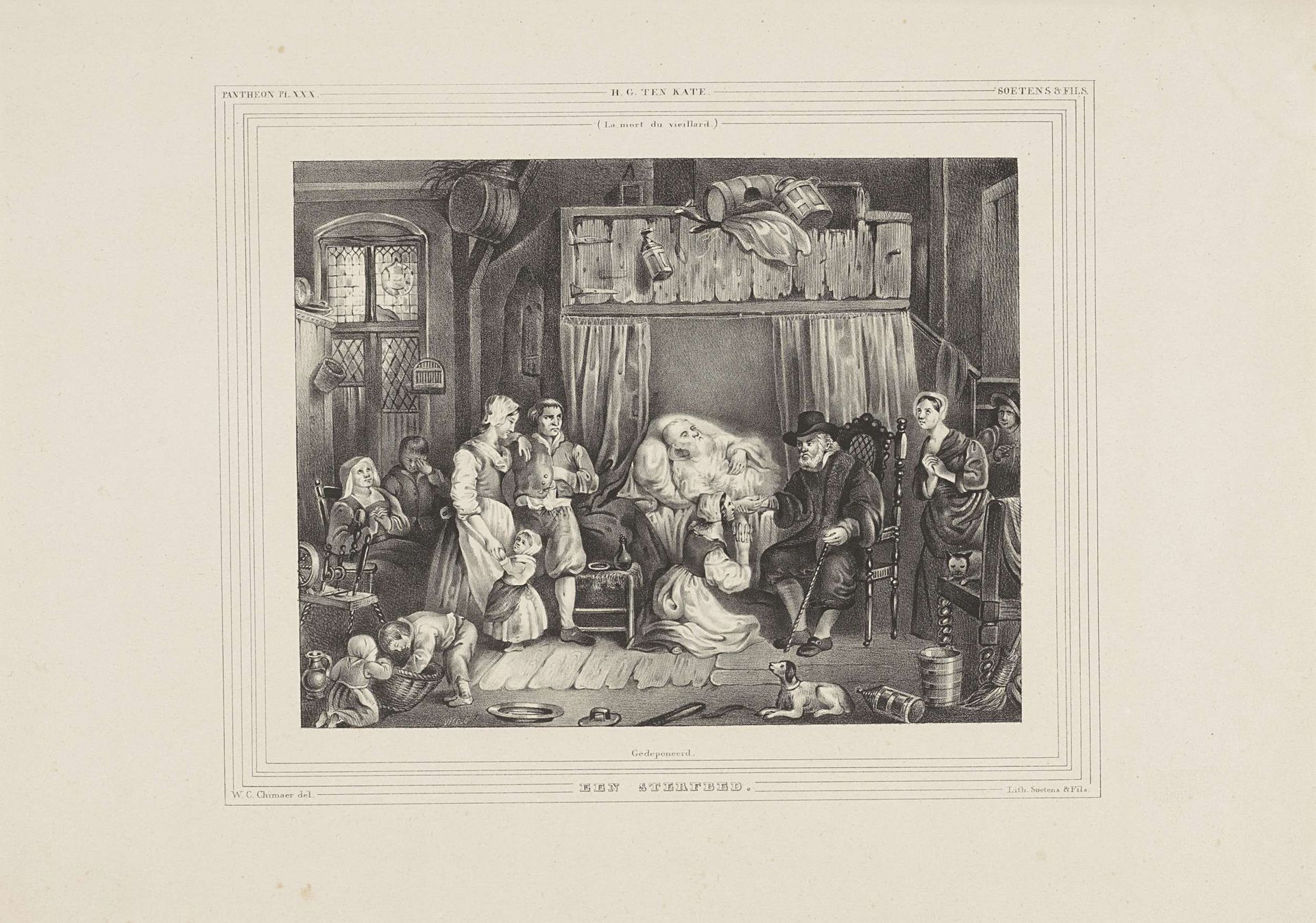 Sterfbed met treurende getuigen by Wilhelmus Cornelis Chimaer van Oudendorp