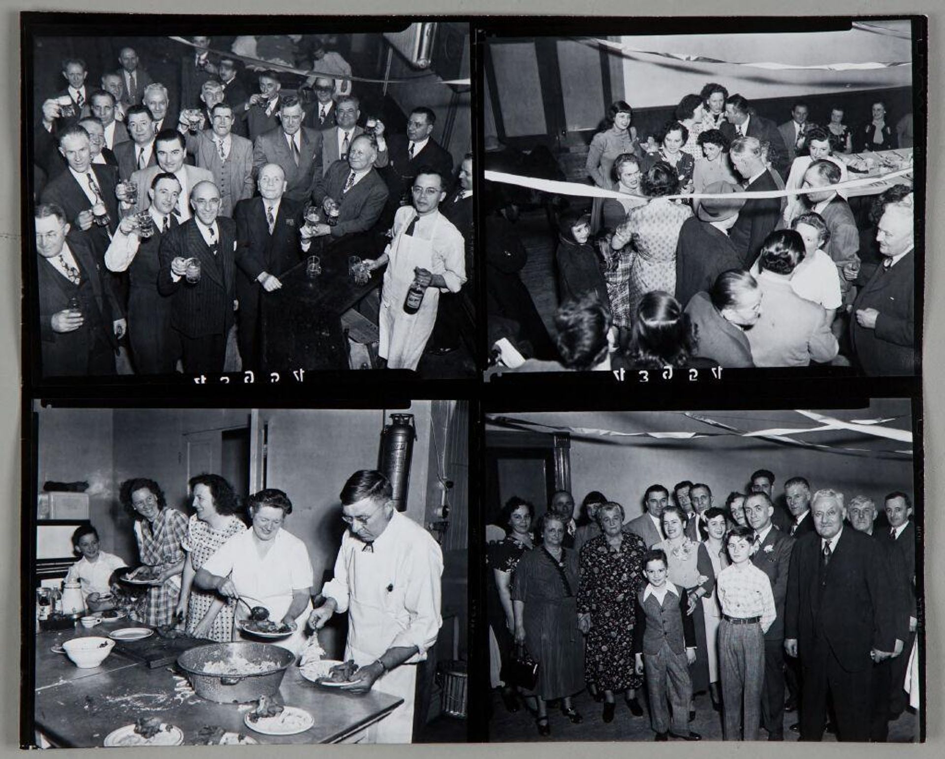 Untitled (two photographs: elevated view of guests chatting at wedding reception; large group portrait of guests at wedding reception) by Martin Schweig