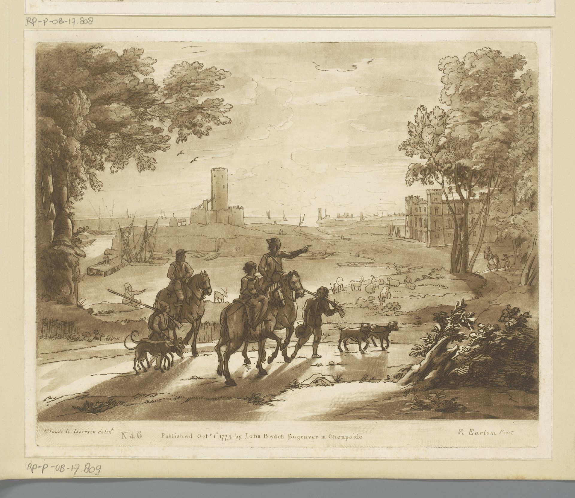 Kustlandschap met drie jagers op paarden by Richard Earlom