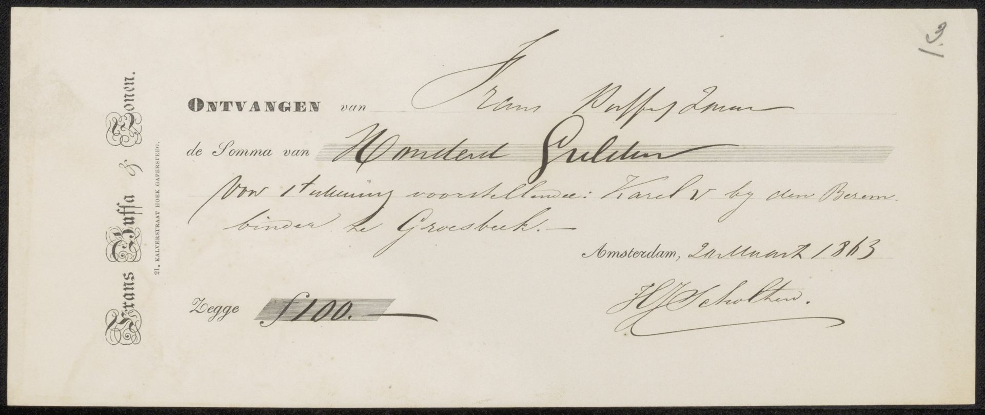Kwitantie voor Hendrik Jacobus Scholten by Frans Buffa en Zonen