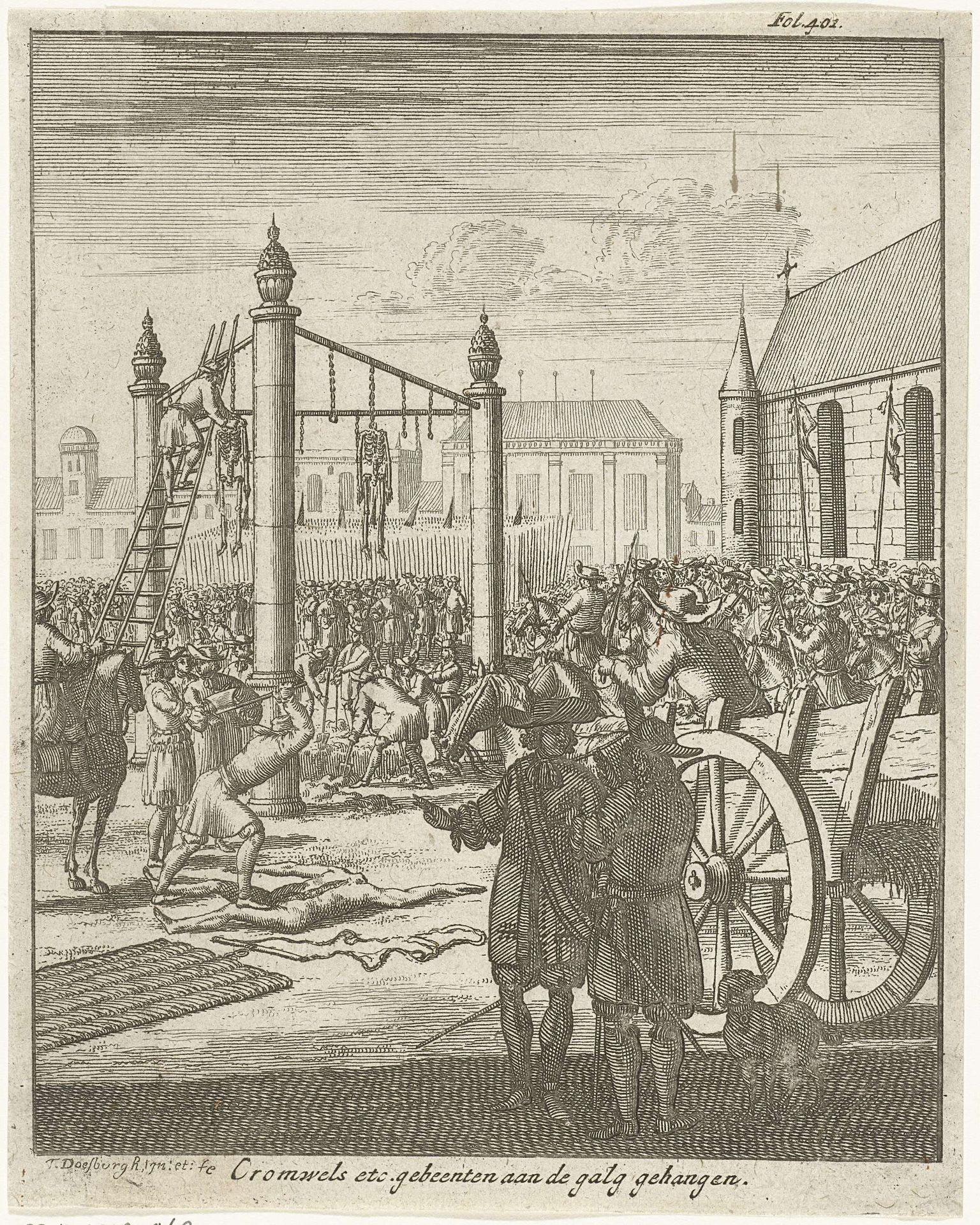 Lijk van Oliver Cromwell postuum geëxecuteerd en aan de galg gehangen op 30 januari 1661 by Thomas Doesburgh