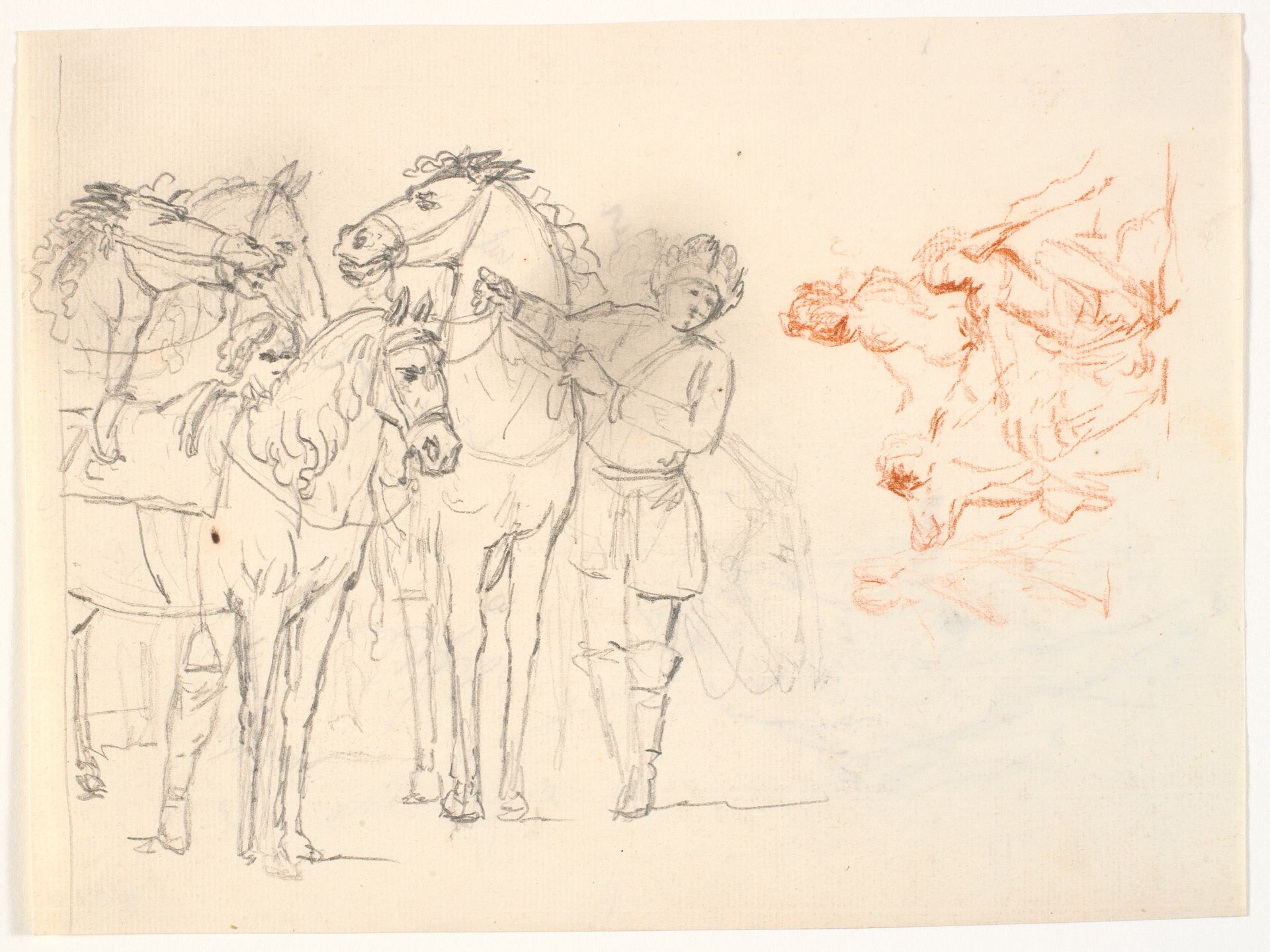 To skitser. T.v. en blyantsskitse med heste og to mænd. T.h. en rødkridtsskitse med en figurgruppe by C.A. Lorentzen
