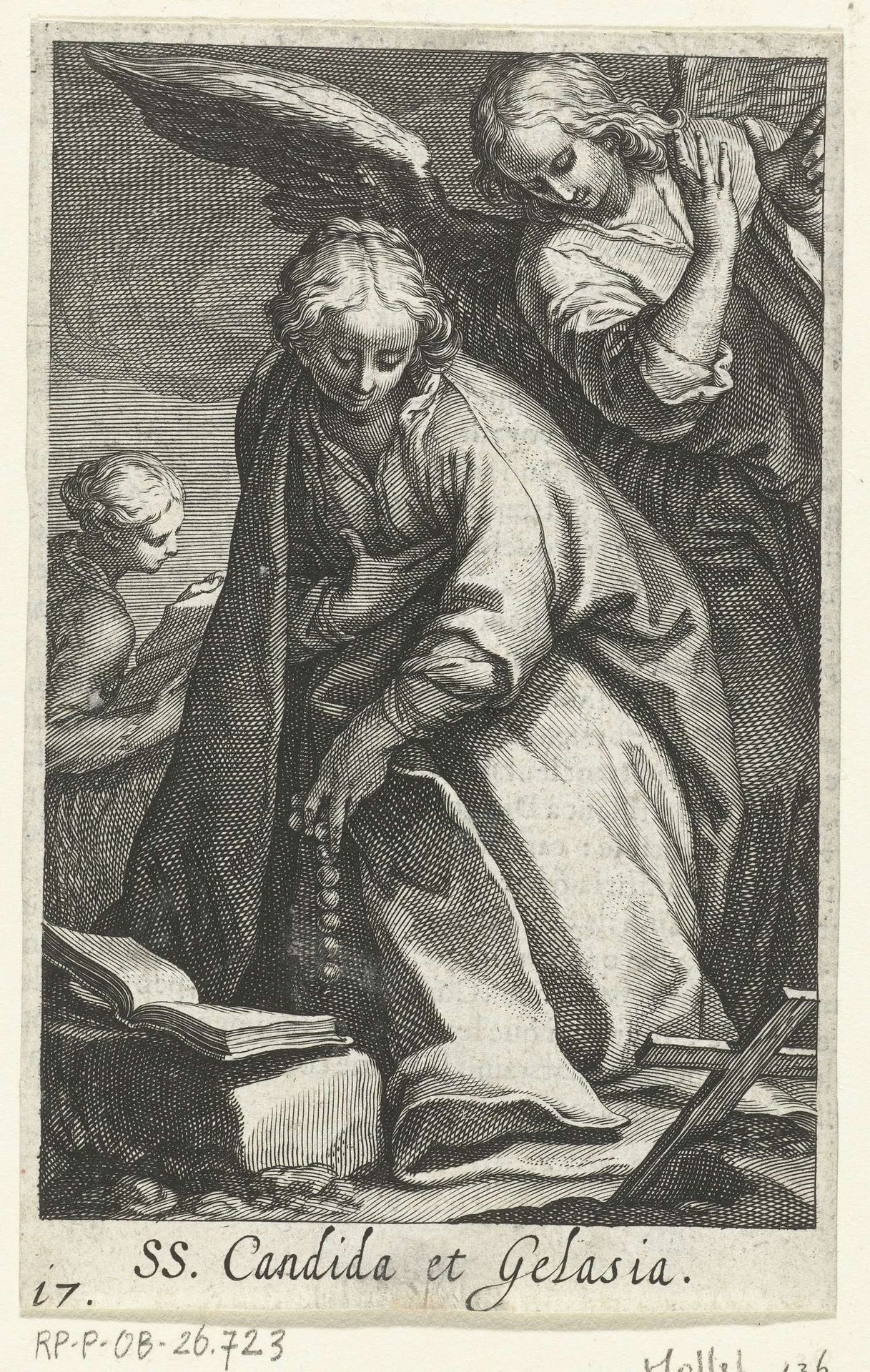 Heilige Candida en heilige Gelasia als kluizenaressen met engel by Boëtius Adamsz. Bolswert