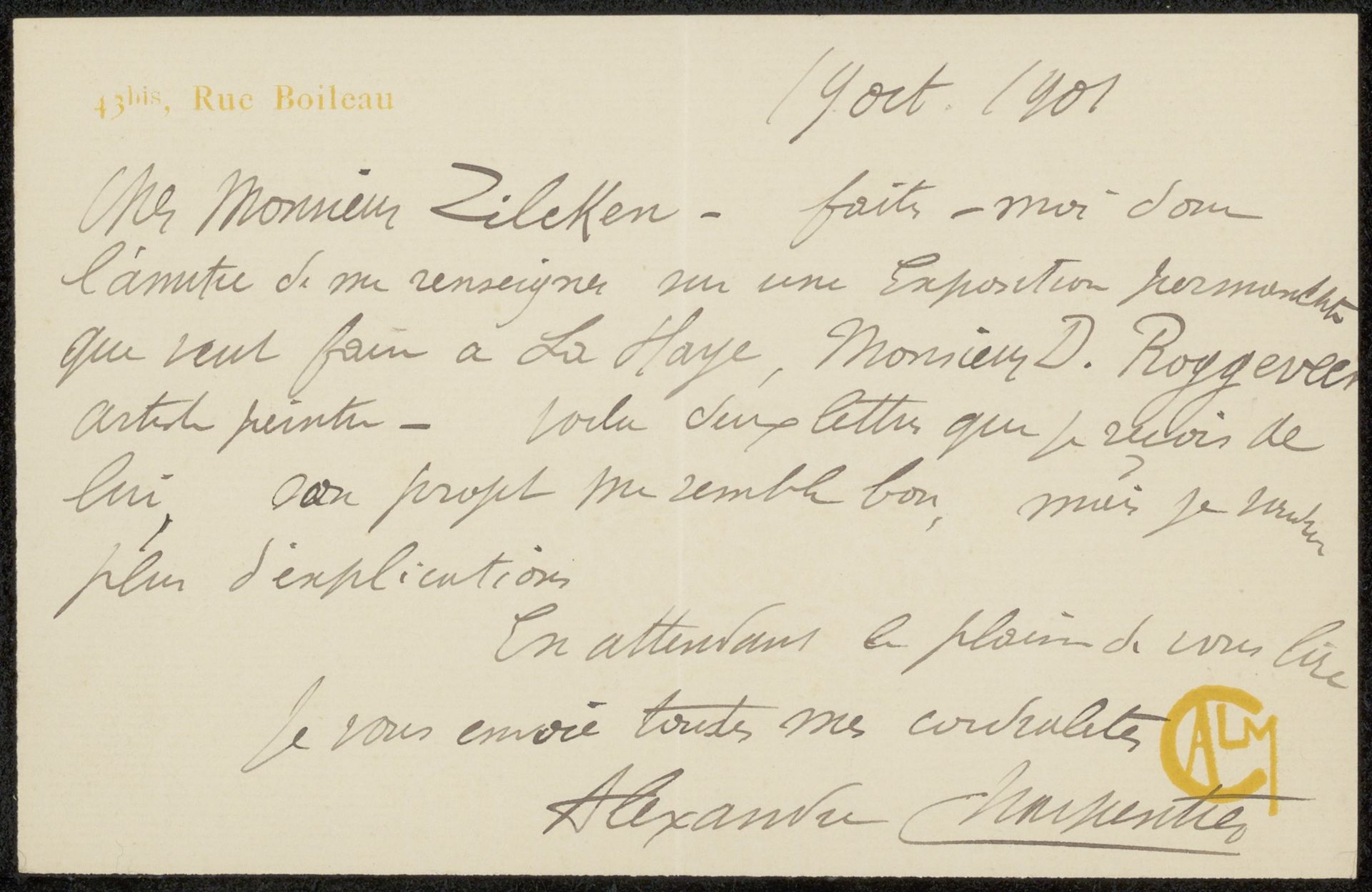 Brief aan Philip Zilcken by Alexandre-Louis-Marie Charpentier