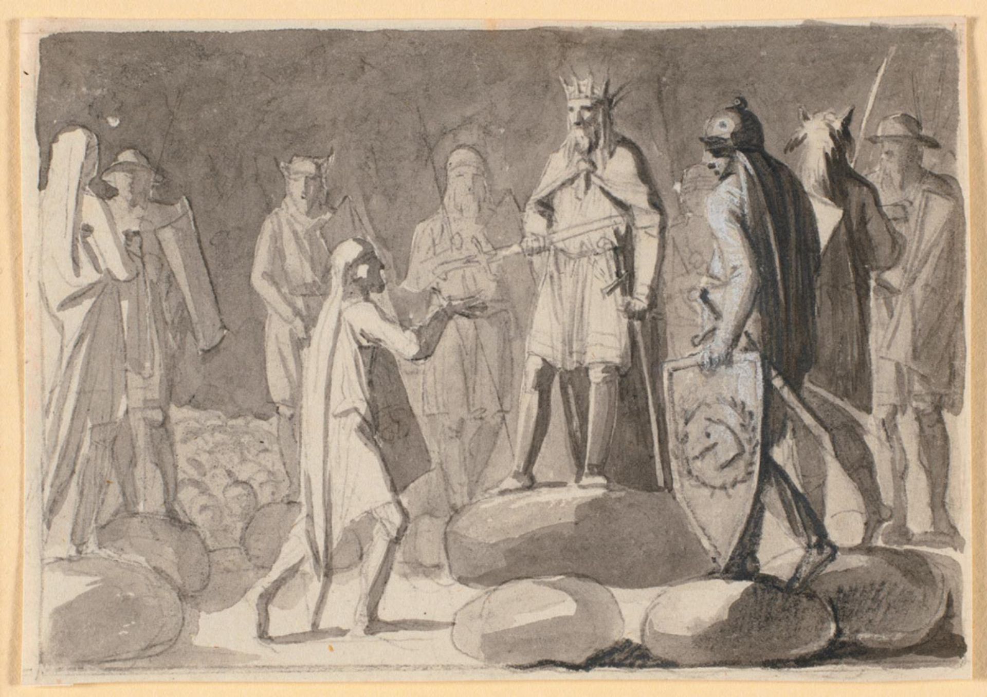 Kompositonsudkast; en konge, der omgivet af krigere på et tingsted, giver en mand riddersværdet by Nicolai Abildgaard