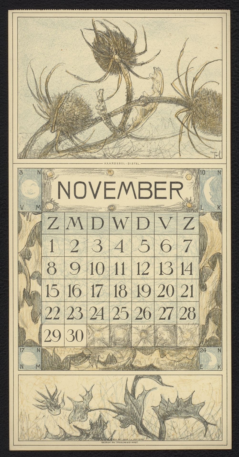 Kalenderblad voor november 1914 met een kaardebol by Theo van Hoytema