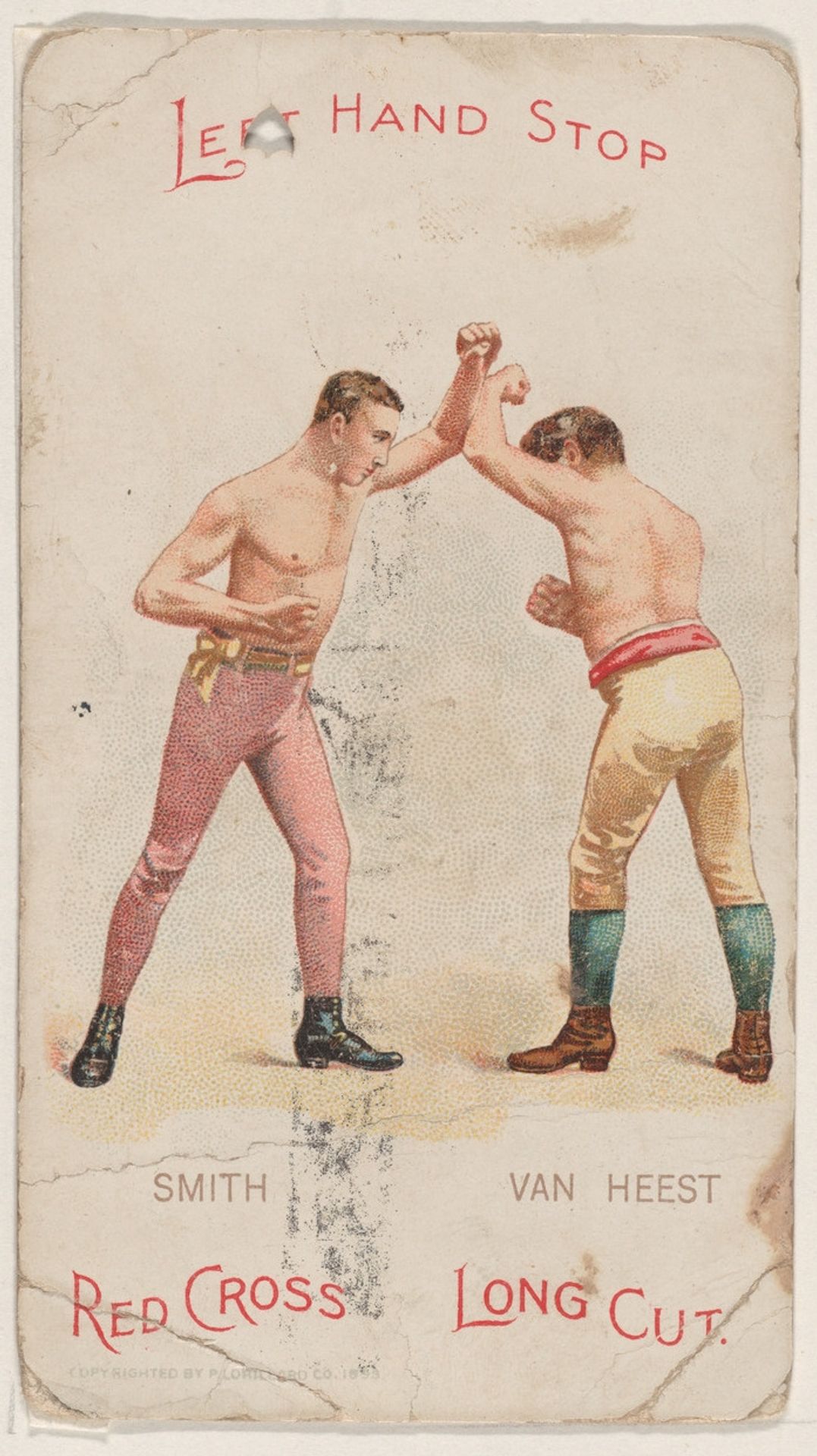 Left Hand Stop, Solomon Smith and Johnny Van Heest, from the Boxing Positions and Boxers series (N266) issued by P. Lorillard Company to promote Red Cross Long Cut Tobacco by P. Lorillard Company