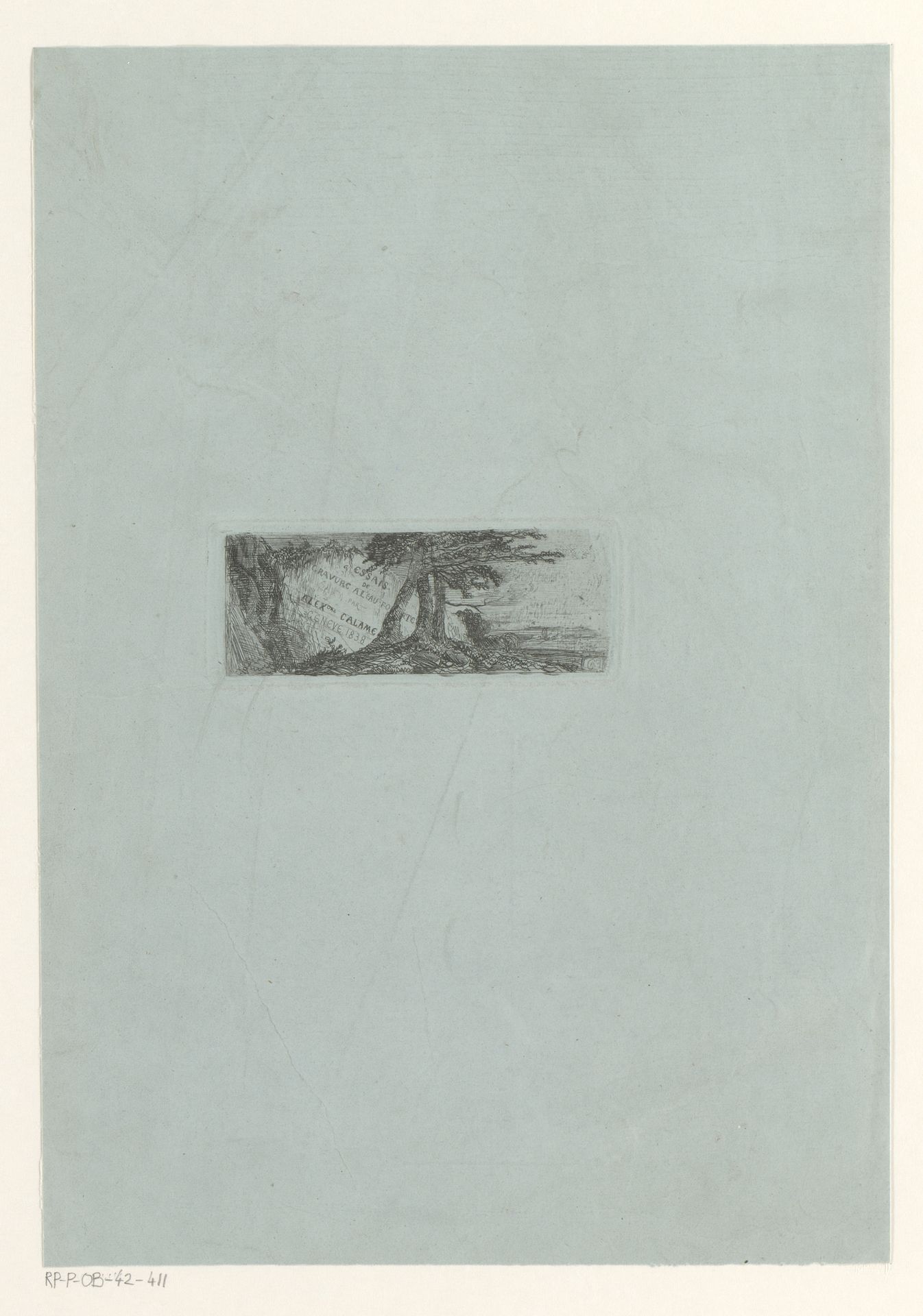 Titelprent met een landschap met drie bomen voor een rotsblok by Alexandre Calame