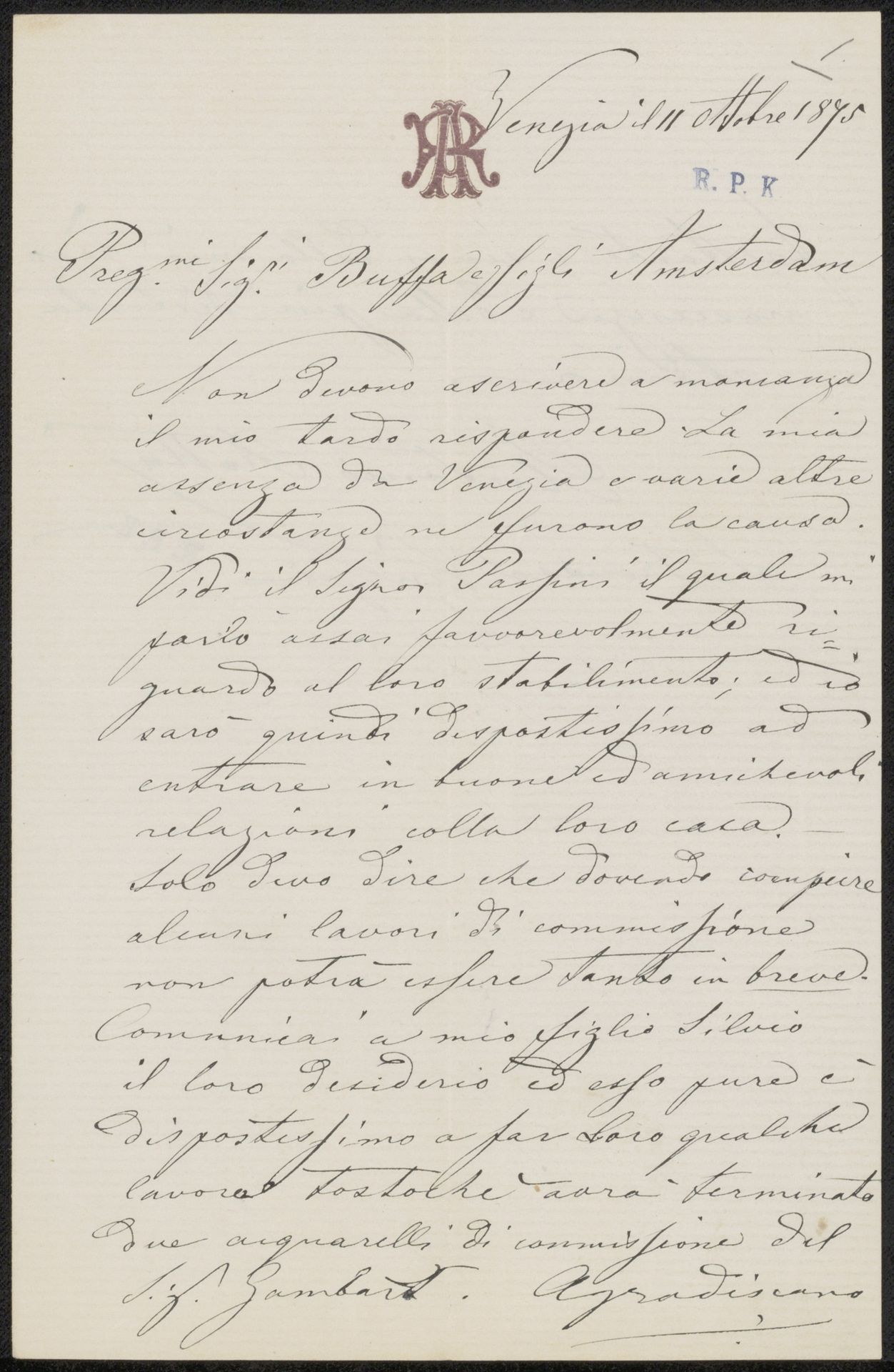Brief aan Frans Buffa en Zonen by Antonio (I) Rotta