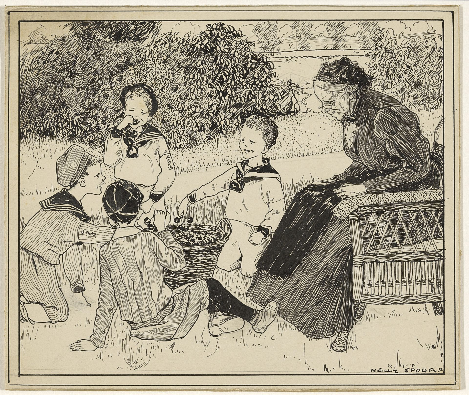 Vier jongens eten kersen op een veld by Nelly Spoor