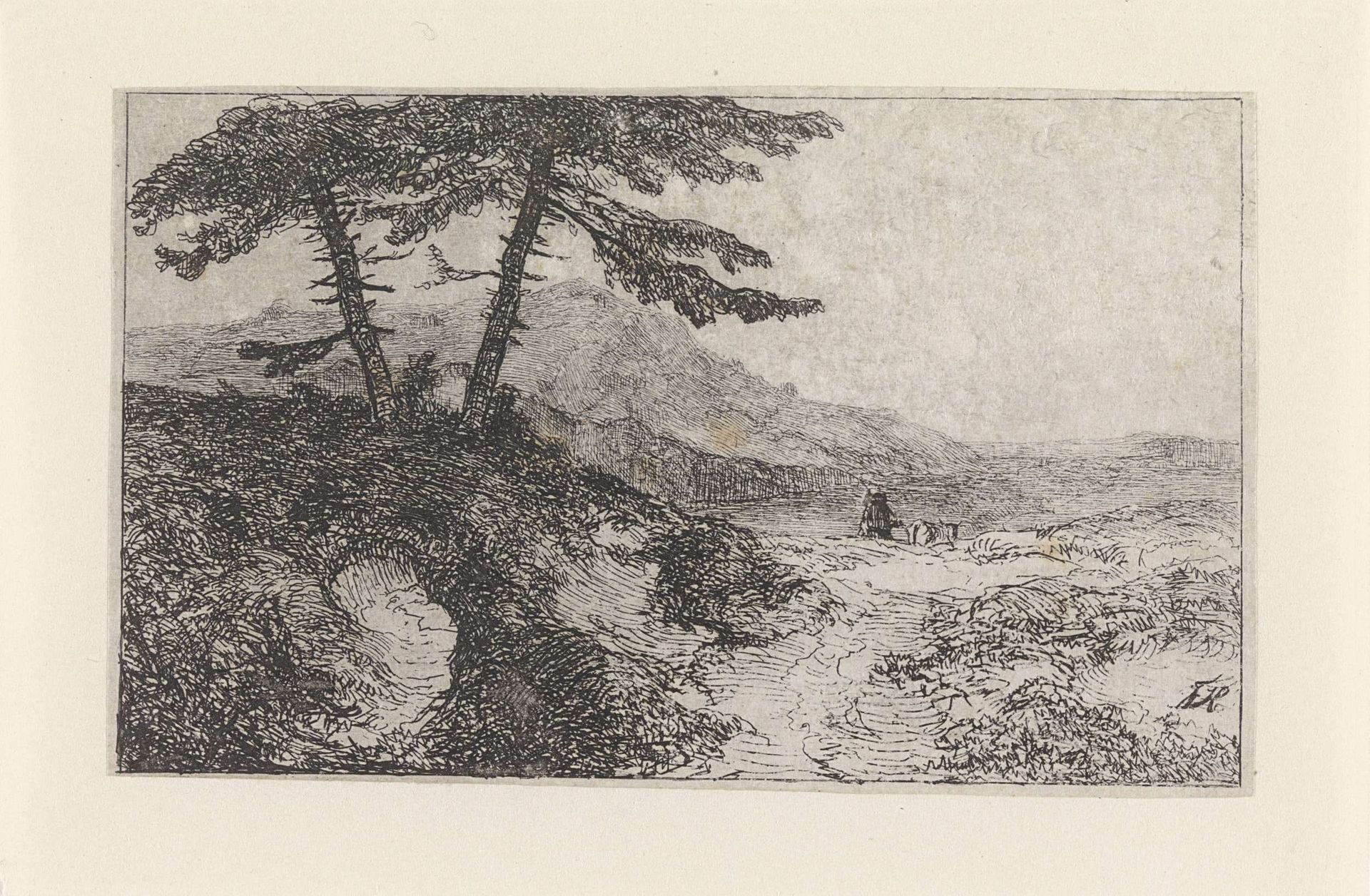 Landschap met twee dennen op een heuvel by Johannes Franciscus Hoppenbrouwers