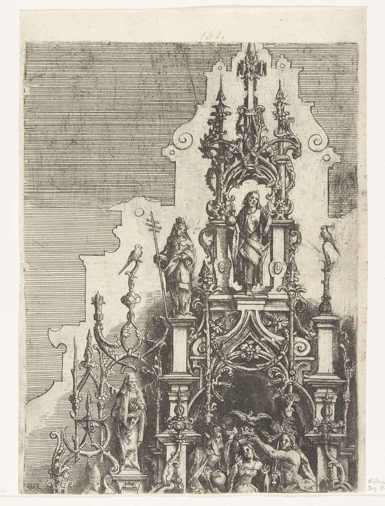Bovenste gedeelte van een retabel met de kroning van Maria by Wendel (I) Dietterlin