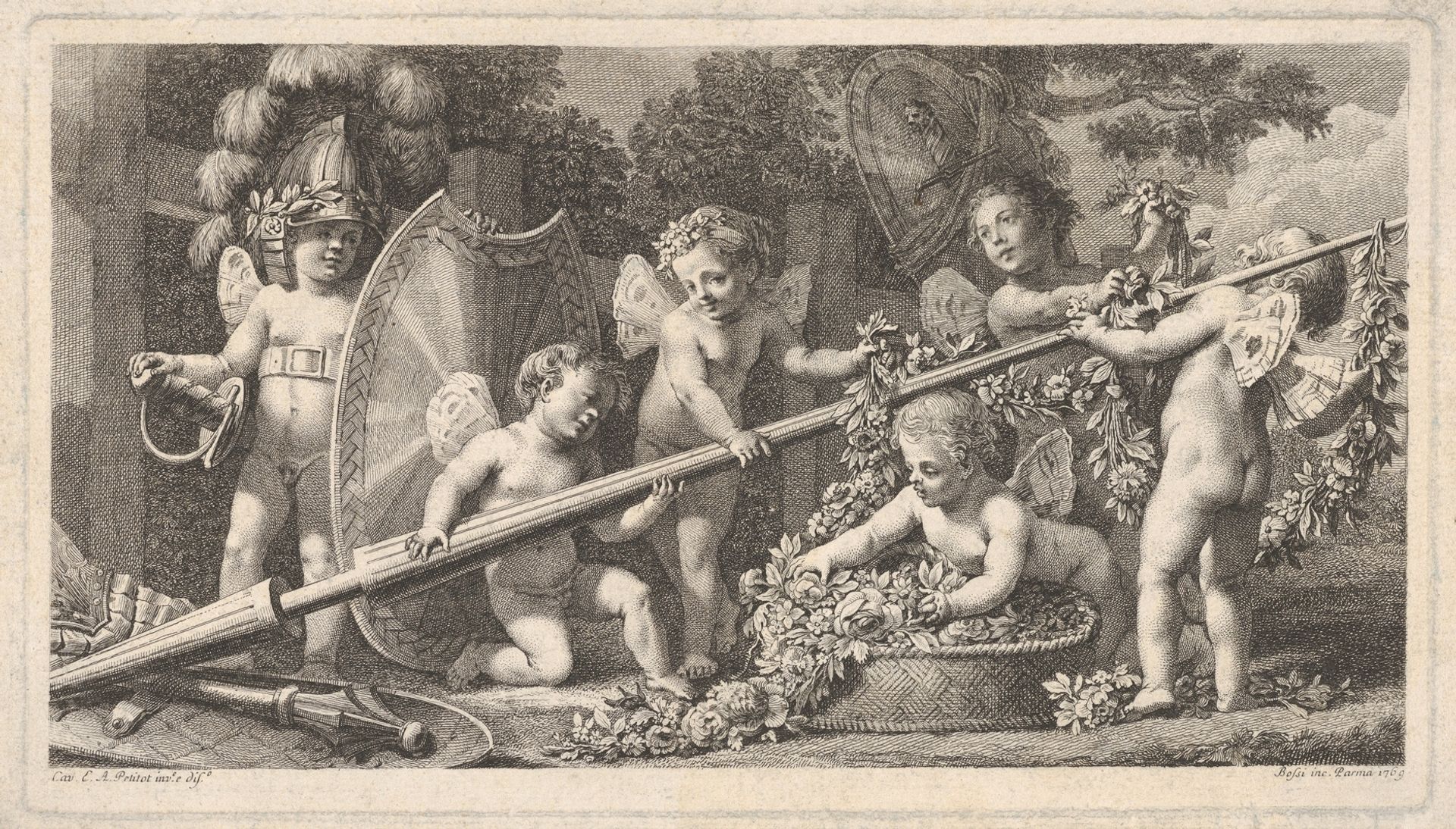 Six putti playing with the arms of Mars, four holding onto a large lance, one on the left wearing a helmet and a sword belt, holding a shield upright, and one placing a garland of flowers and leaves in a basket at right by Benigno Bossi