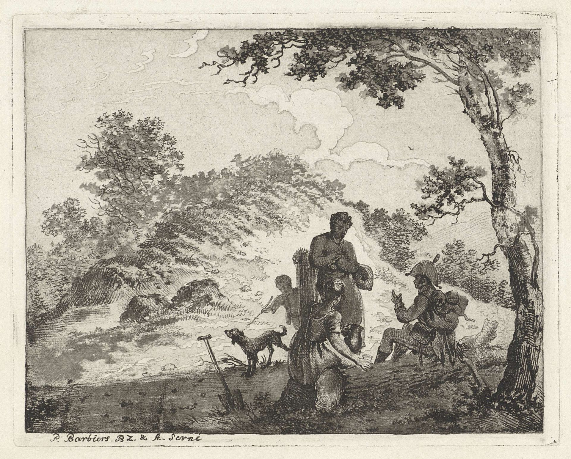 Rustende figuren bij een boomstam by Adrianus Serné