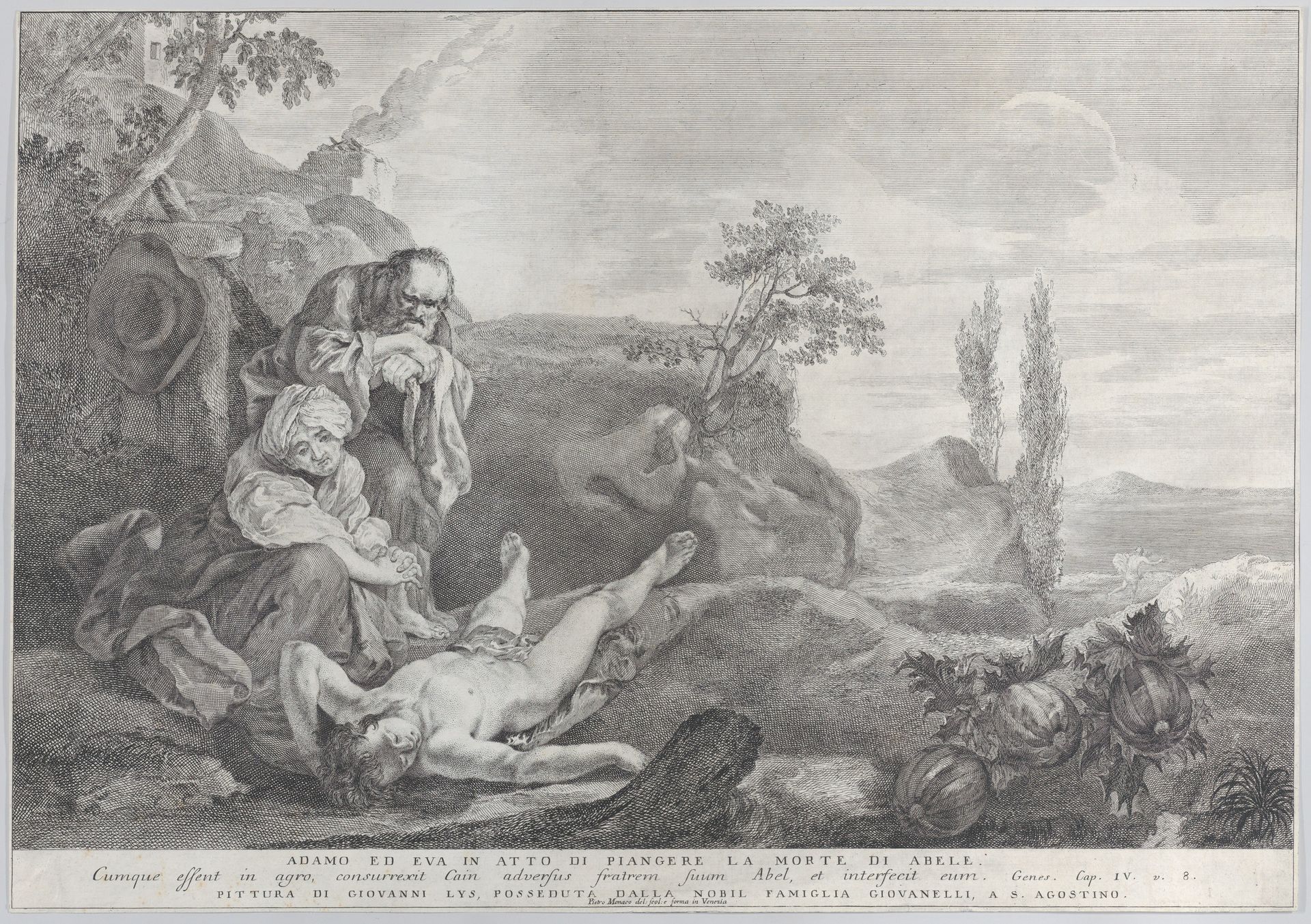 Adam and Eve at left, as an elderly couple, mourning over the corpse of Abel who lies in front of them as Cain disappears in the distance at right by Pietro Monaco