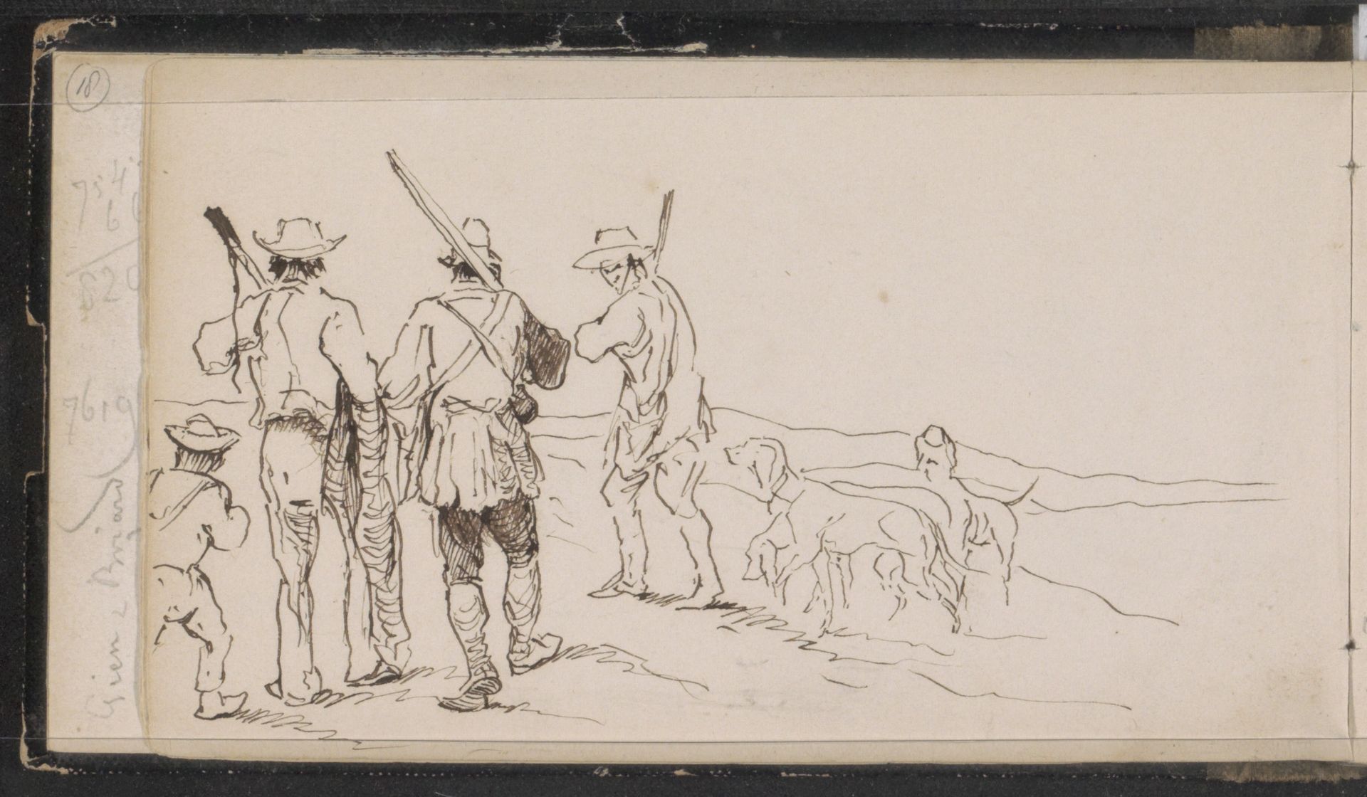 Heuvellandschap met jagers en honden by Johannes Tavenraat