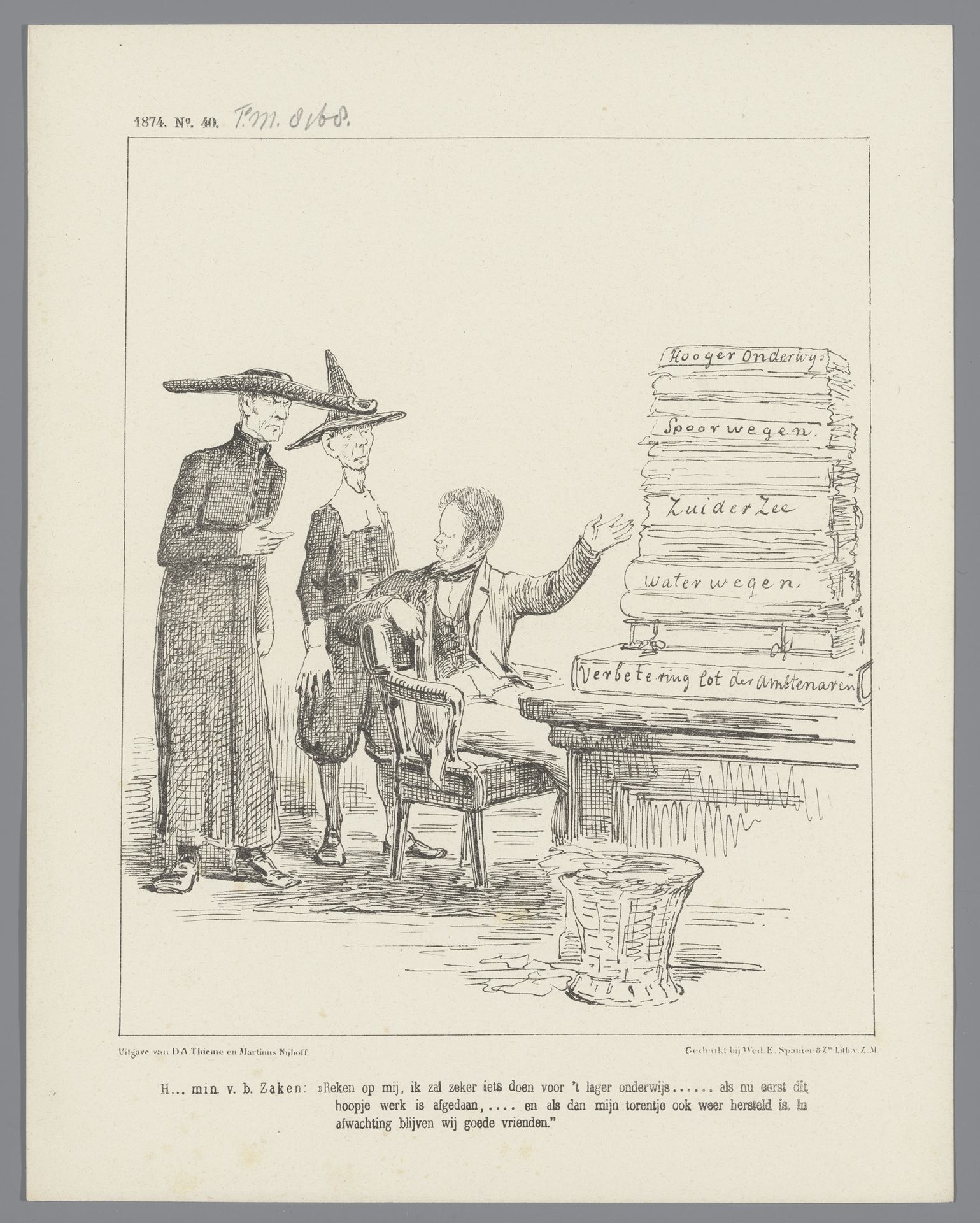 Spotprent met minister Heemskerk en het vele werk dat nog op zijn bureau ligt, 1874 by Johan Michaël Schmidt Crans