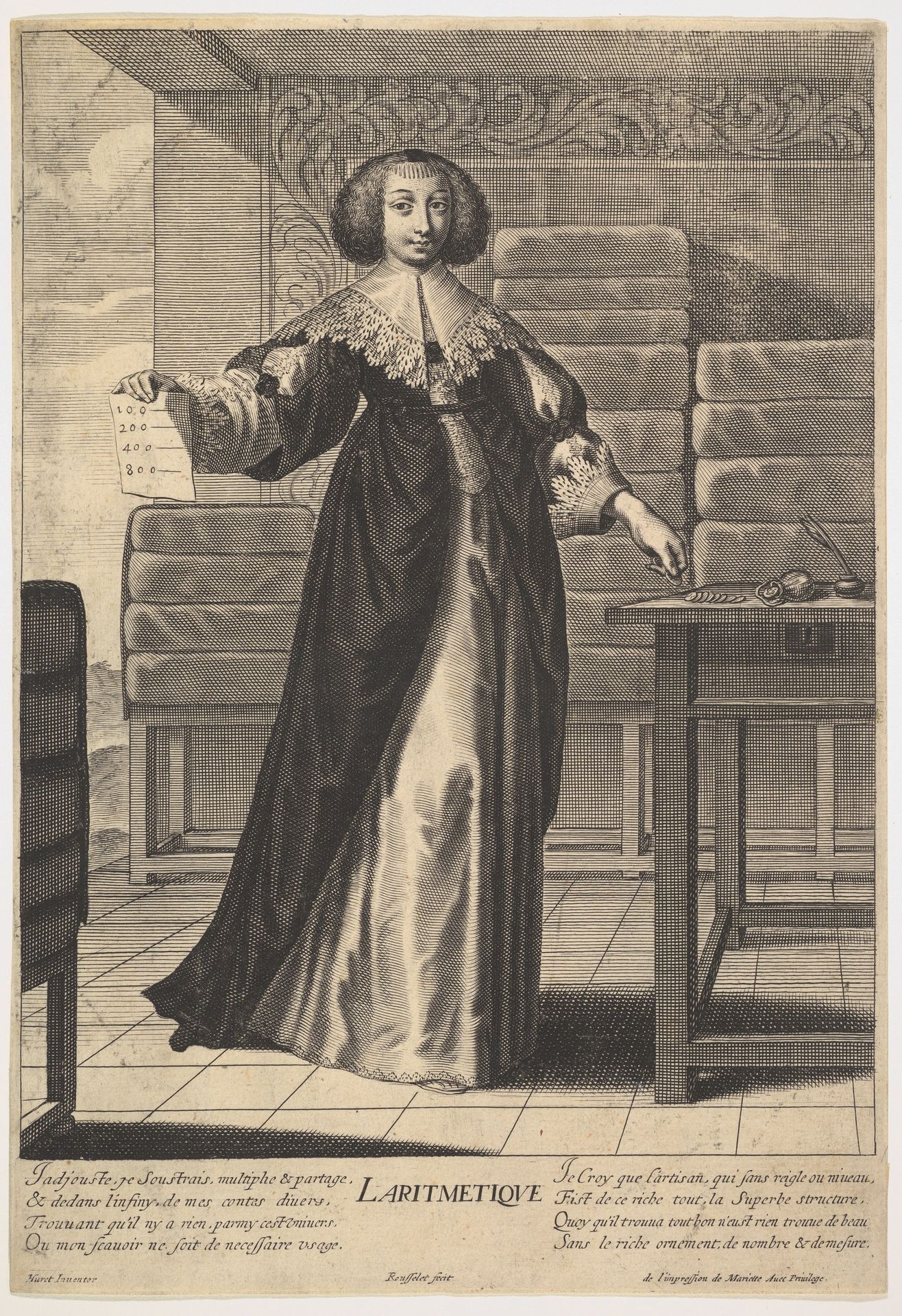 Arithmetic: a young woman standing at a table, holding a sheet with inscribed numbers in her right hand, in a decorated interior, from "The liberal arts" (Les arts liberaux) by Gilles Rousselet