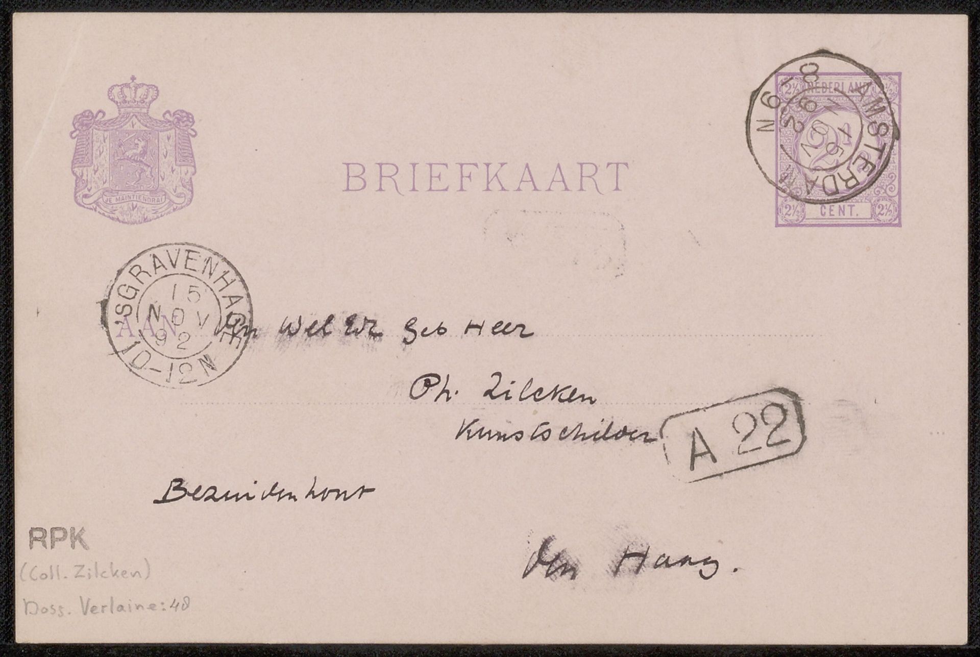 Briefkaart aan Philip Zilcken by Richard Nicolaüs Roland Holst