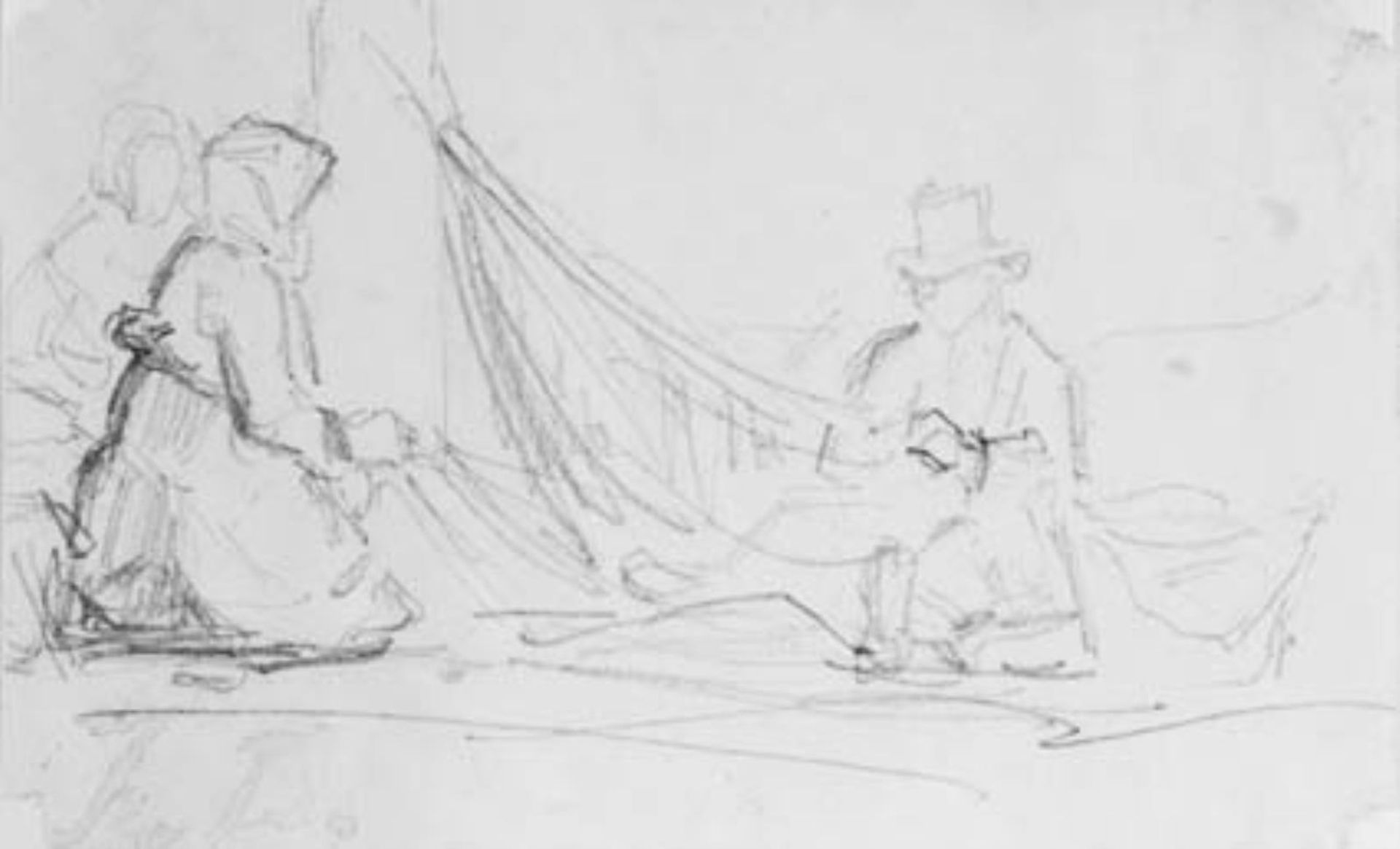 Et fiskerpar der bøder garn. by Jules Dupre