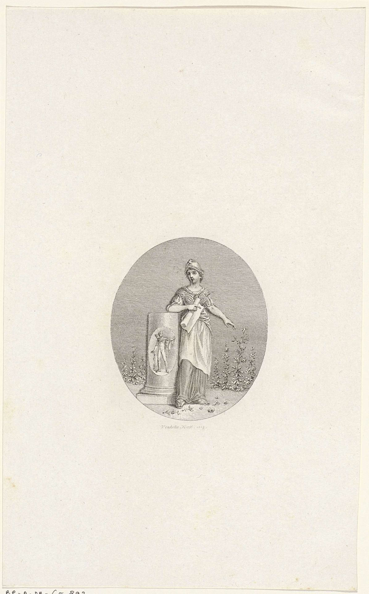 Vrouw met een helm bij een halve zuil by Reinier Vinkeles