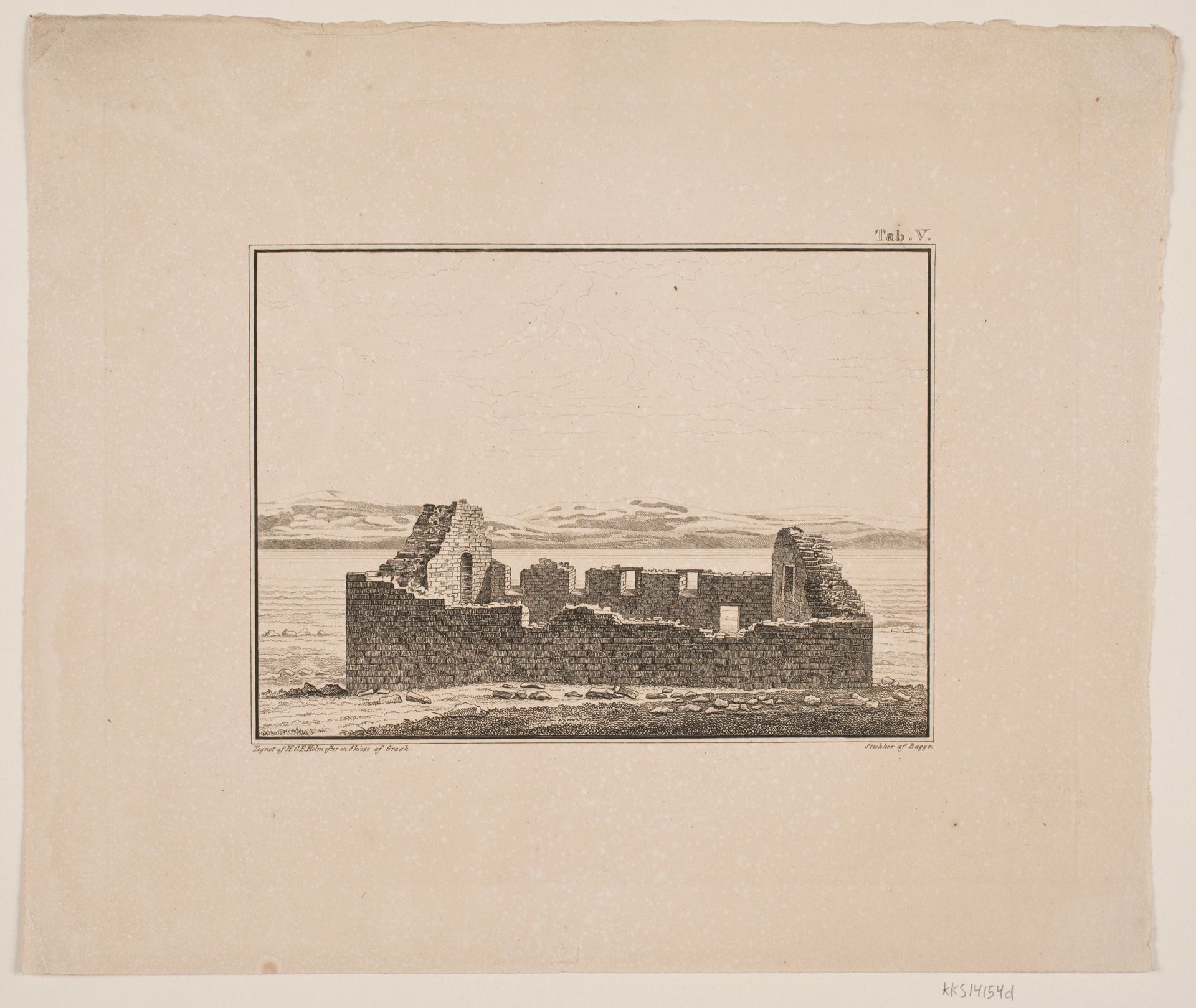 Kirkeruin på Grønland. Illustration til W.A. Graah. Undersøgelsesrejse til østkysten af Grønland by Oluf Olufsen Bagge