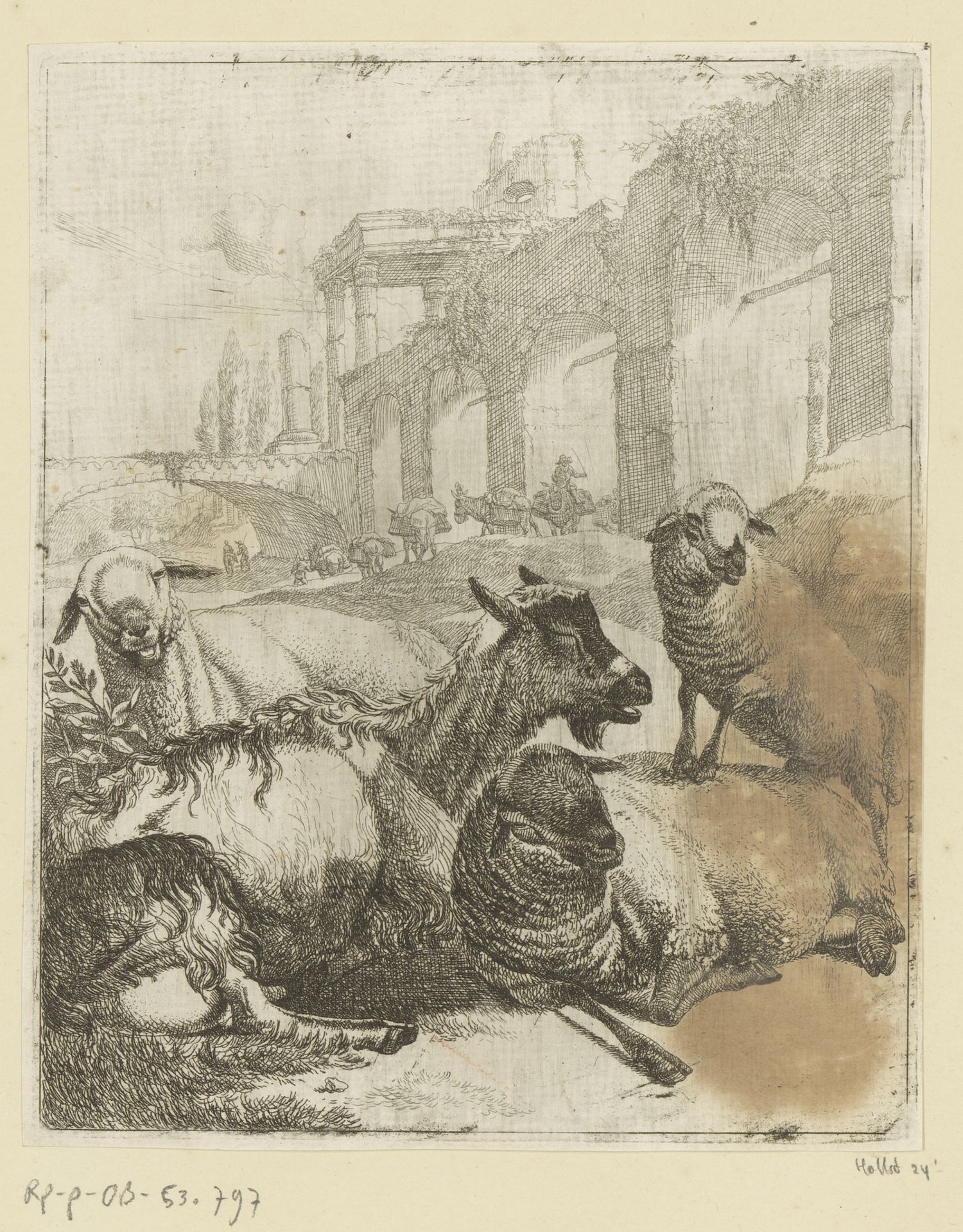 Twee liggende schapen, een liggende geit en een staand lam bij romeins aquaduct by Johann Heinrich Roos