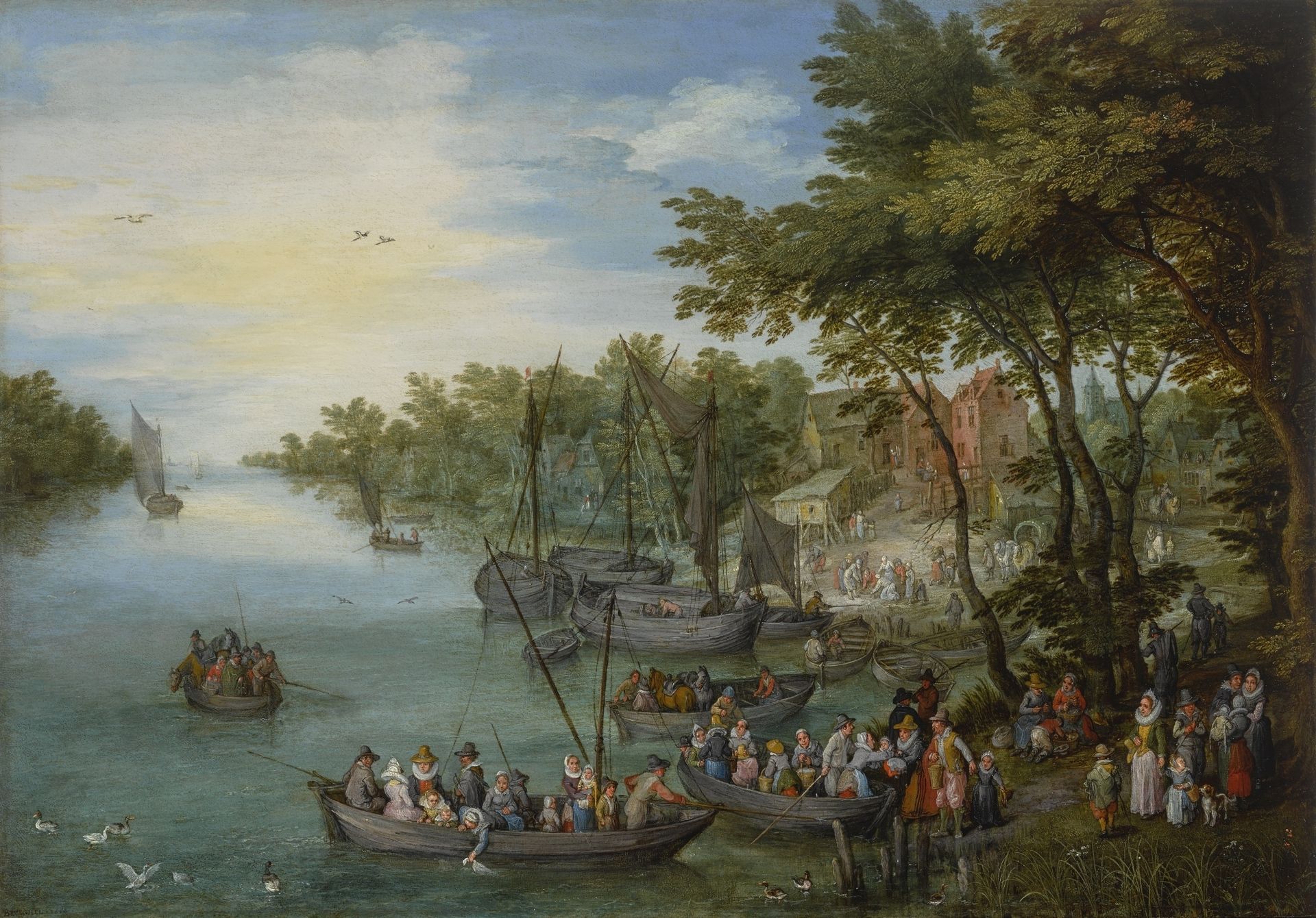 Wooded river landscape with a landing stage, boats, various figures and a village beyond by Jan Brueghel the Elder