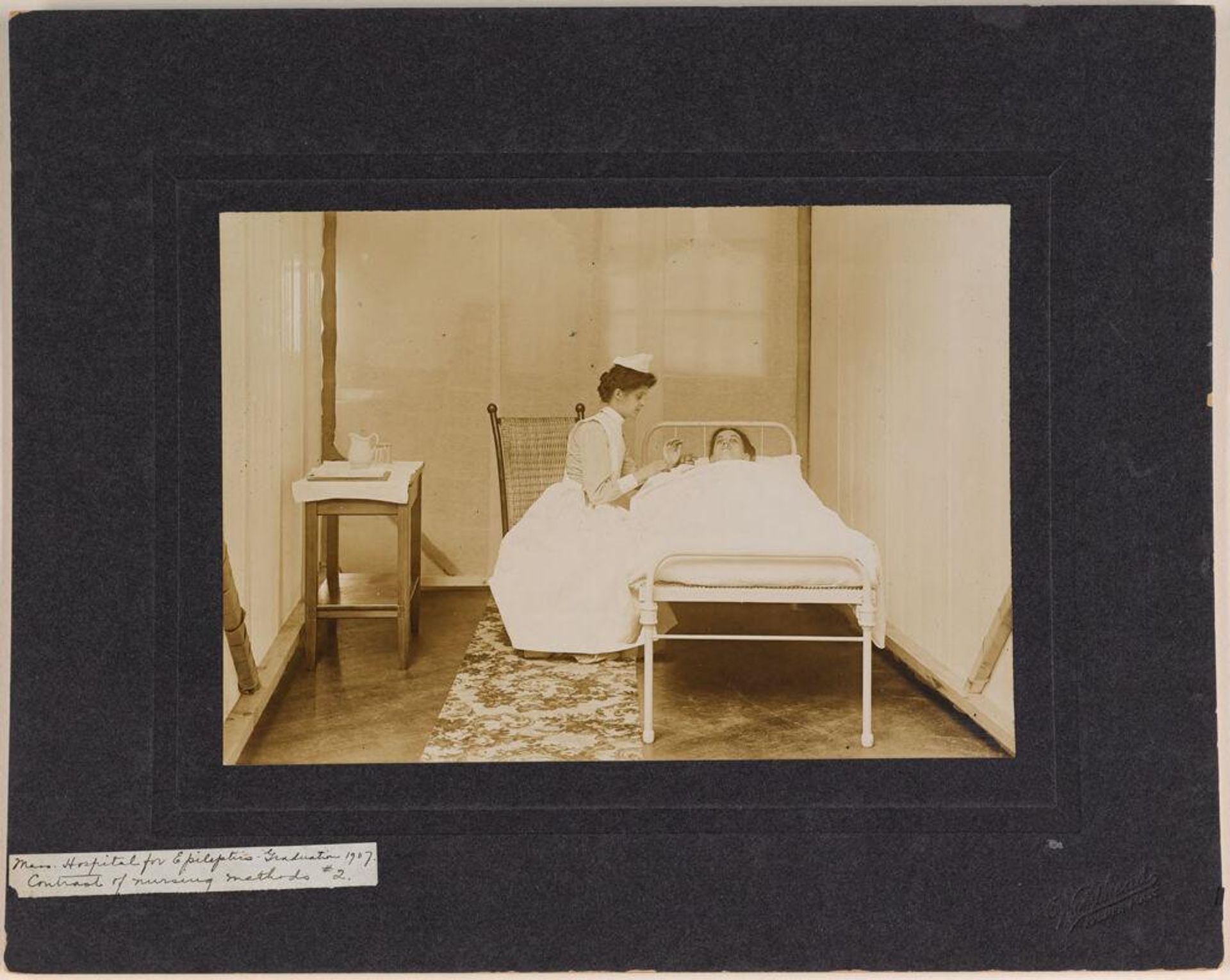 Defectives, Epileptics: United States. Massachusetts. Palmer. State Hospital for Epileptics: Mass. Hospital for Epileptics Graduation 1907. Contrast of nursing methods #2. by Woodhead Studio