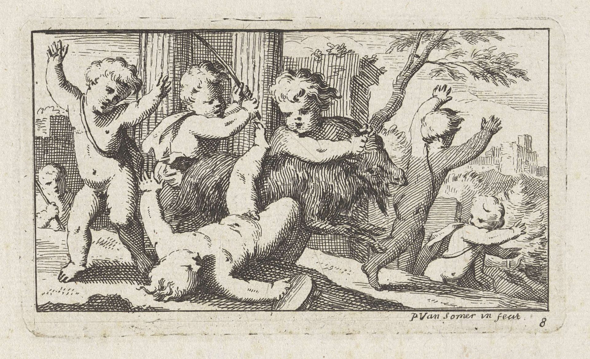 Putti proberen een geit te berijden by Paul van (II) Somer